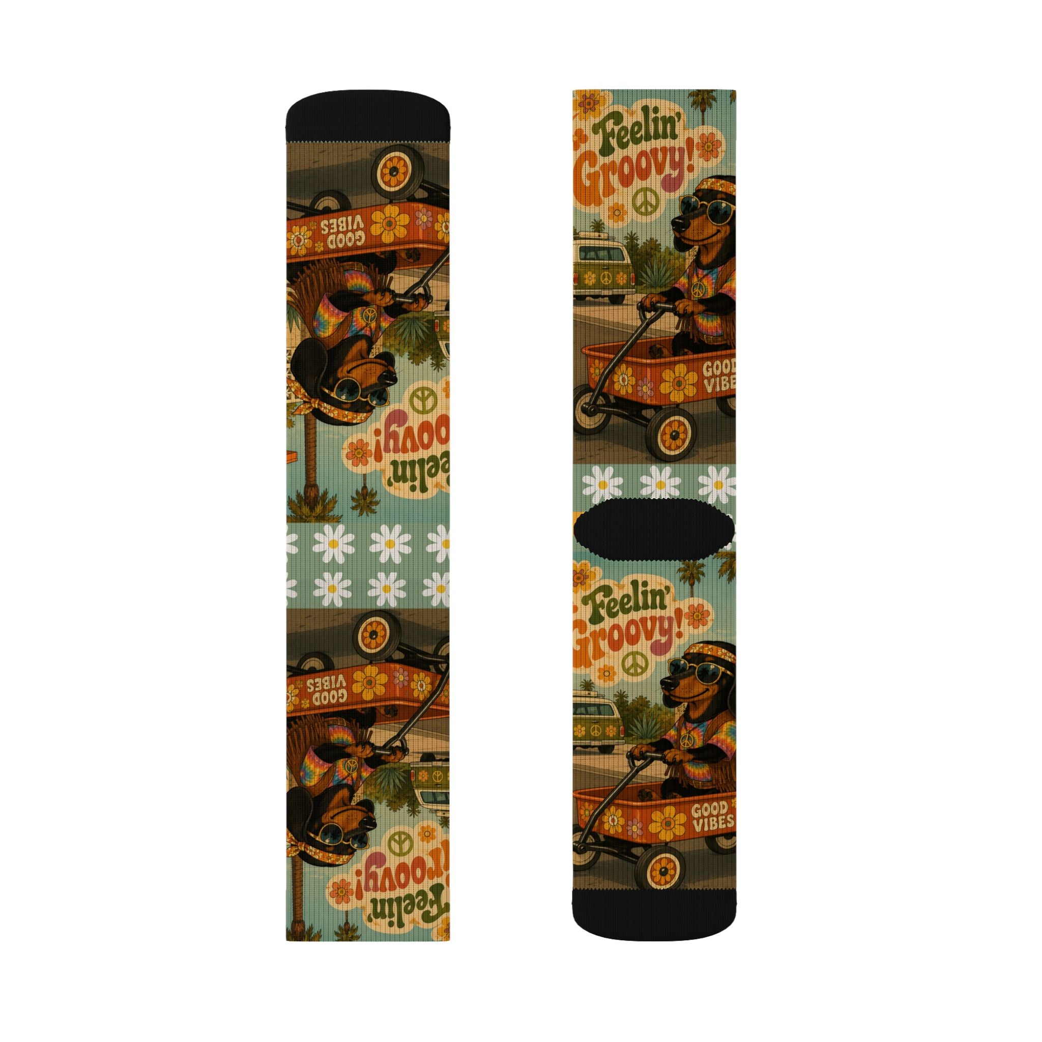 Feelin' Groovy Retro Dachshund Illustration Socks | Vintage Hippie Floral Pattern