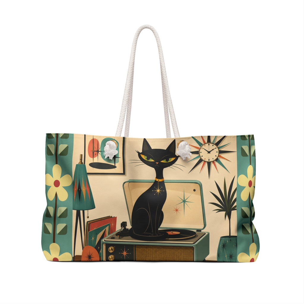 Mid Century Atomic Black Cat Record Player Weekender Bag | Retro Atomic Home Decor