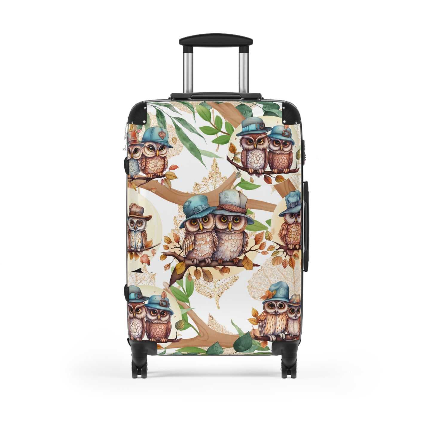 Cute Owl Suitcase on wheels, hard shell travel luggage secure and lockable for holidays, weekend, carry on suitcase