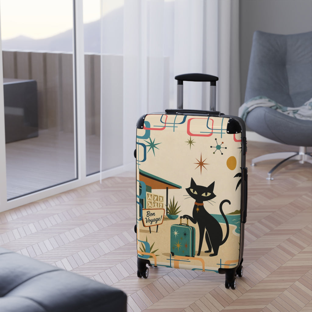 Retro Black Atomic Cat Beach Suitcase | Mid Century Travel Luggage