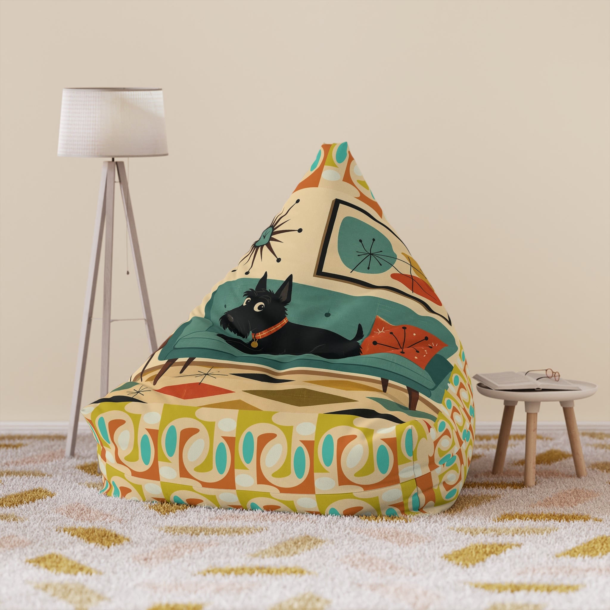 Retro Mid-Century Scotty Dog Pattern Bean Bag Chair Cover | Geometric Pet Print