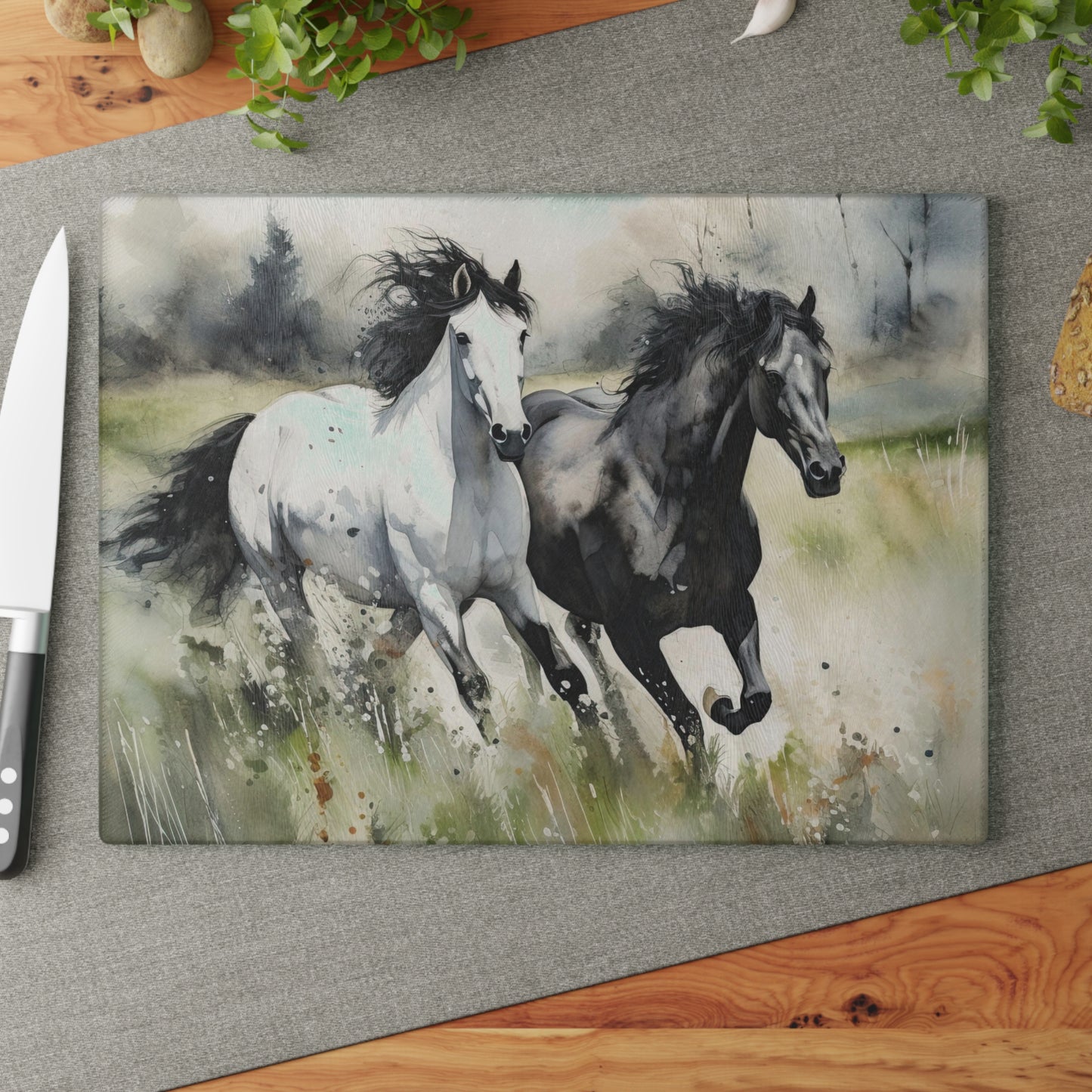 Glass Cutting Board, watercolor horse painting, unique, serving, cheese, ktichenware, bread chopping board