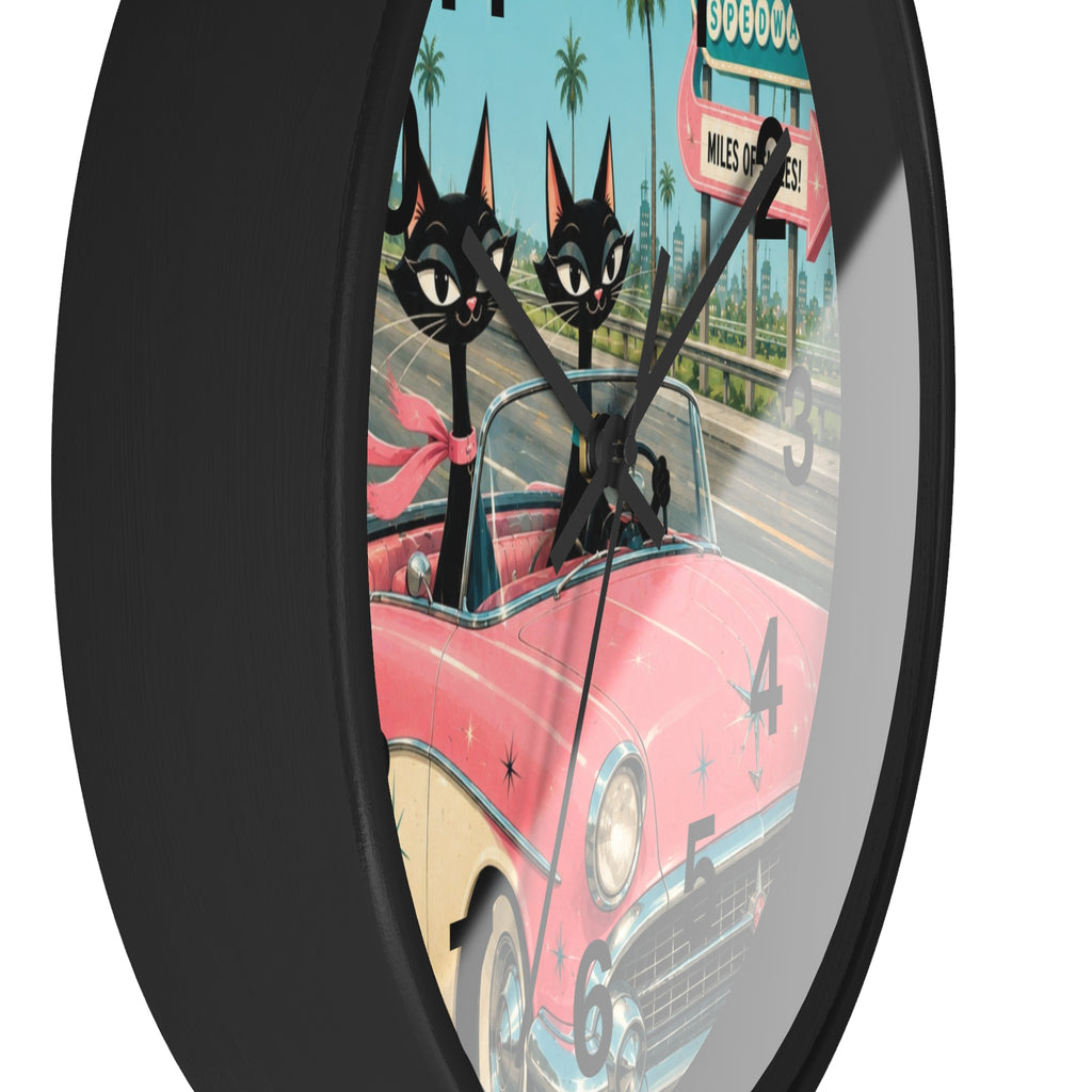 Retro Atomic Cat Roadtrip Wall Clock | Vintage Pink Convertible, Palm Trees