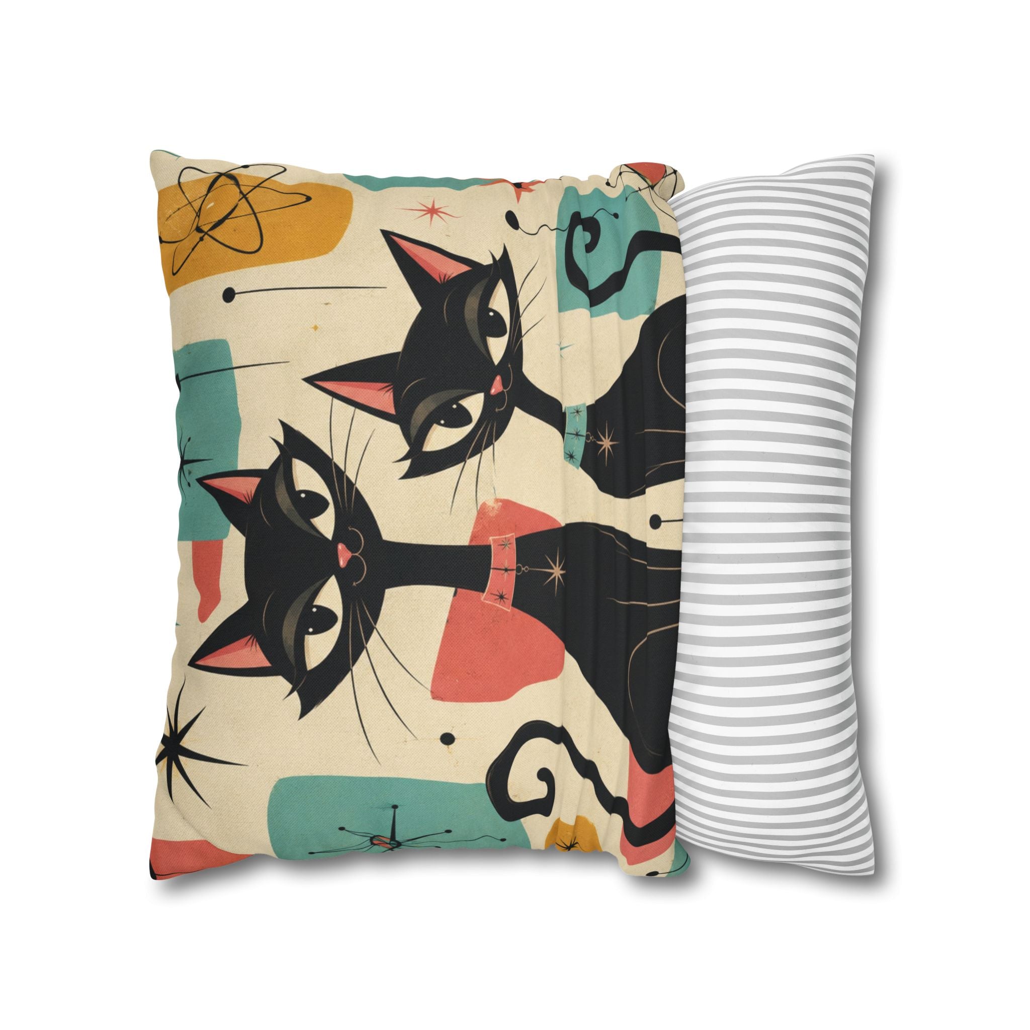 Mid Century Retro Atomic Black Cats Pillowcase | Spun Polyester Square Pillowcase - COVER ONLY