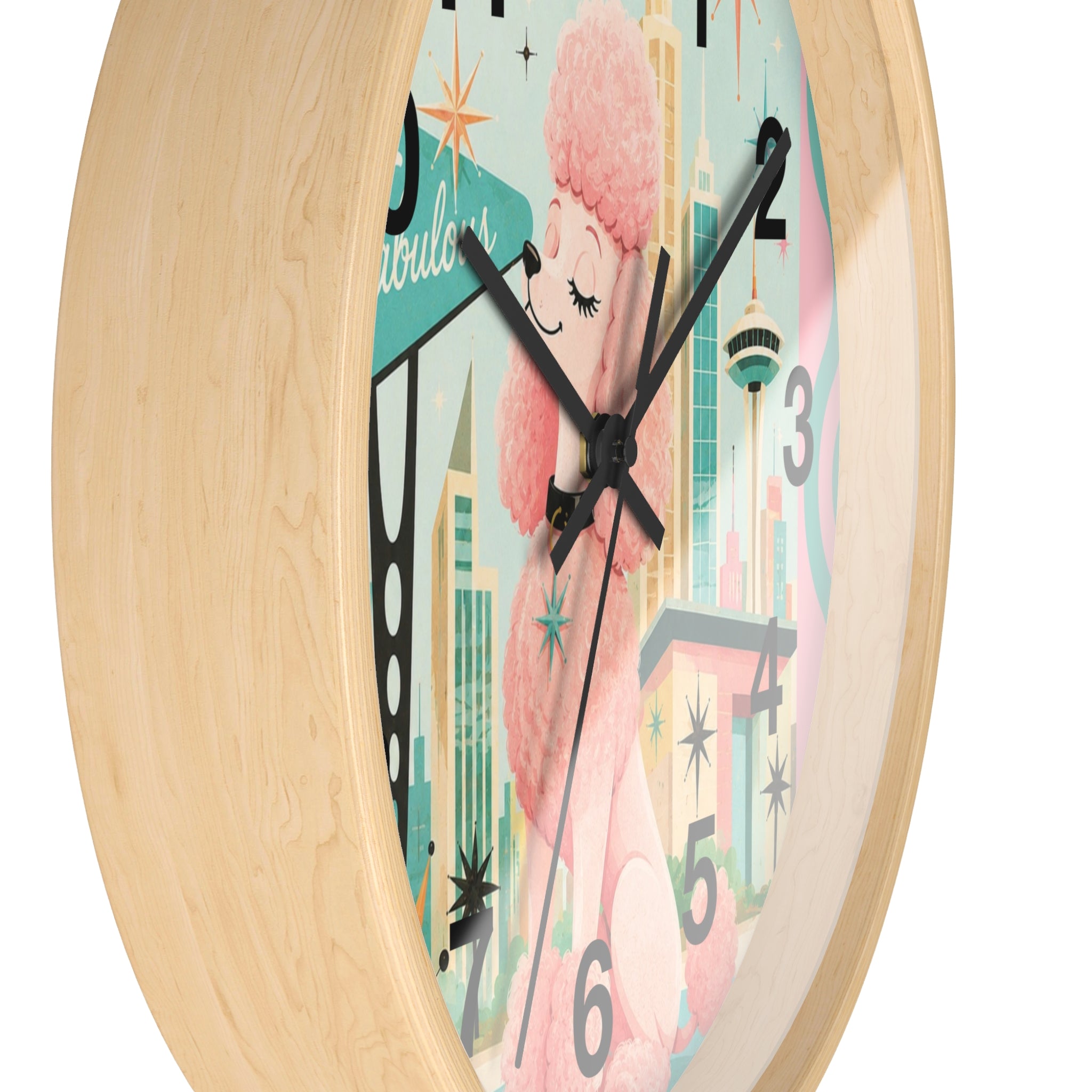 Pink Retro Poodle Wall Clock | Mid Century Atomic City Scene