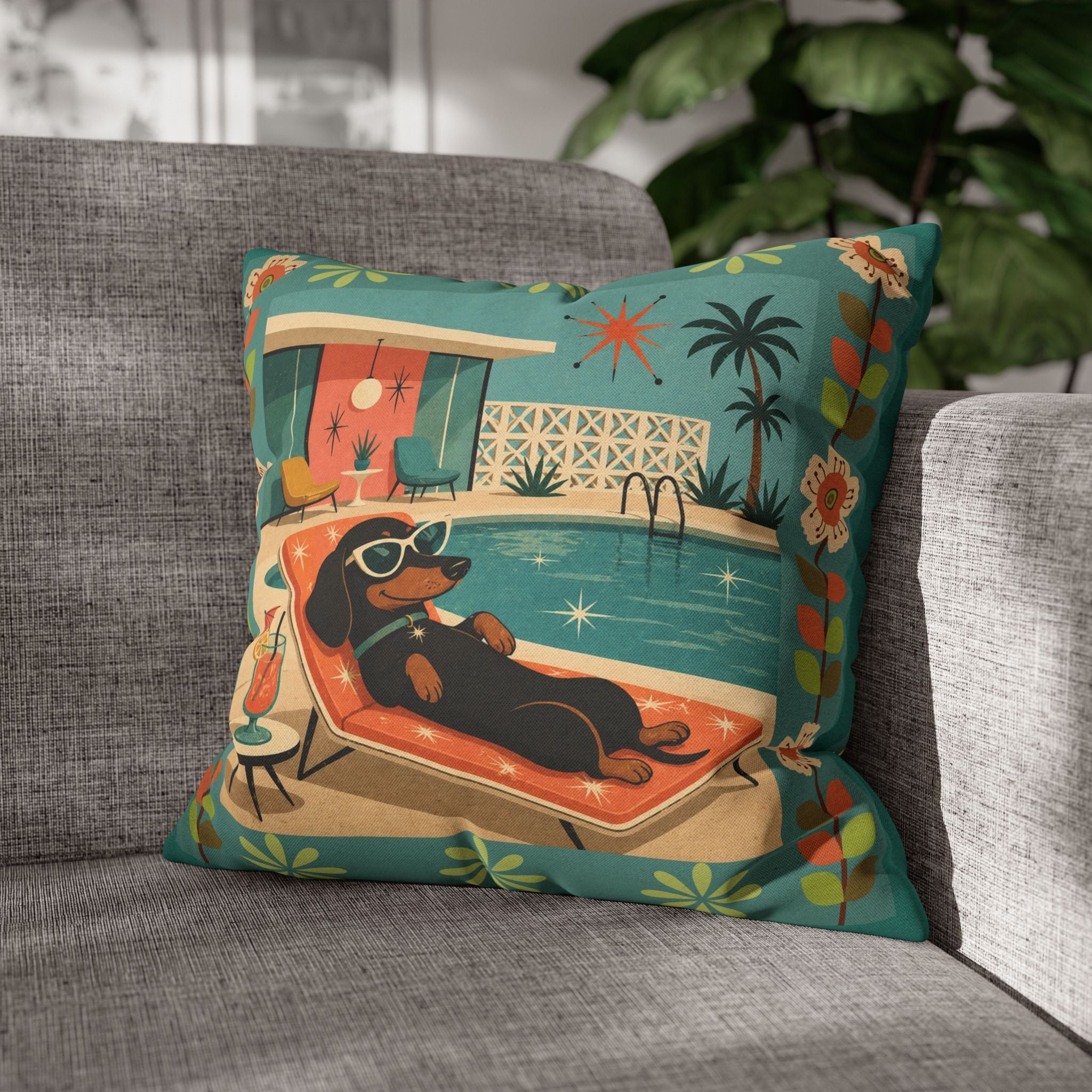 Retro Dachshund Pool Lounge Pillowcase | Square Pillowcase - COVER ONLY - Indoor Use