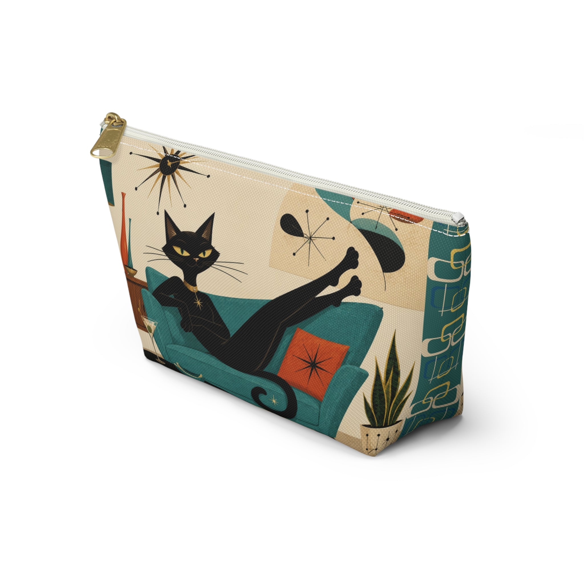 Mid Century Atomic Black Cat Lounge Accessory Pouch | T-Bottom Cosmetic Bag