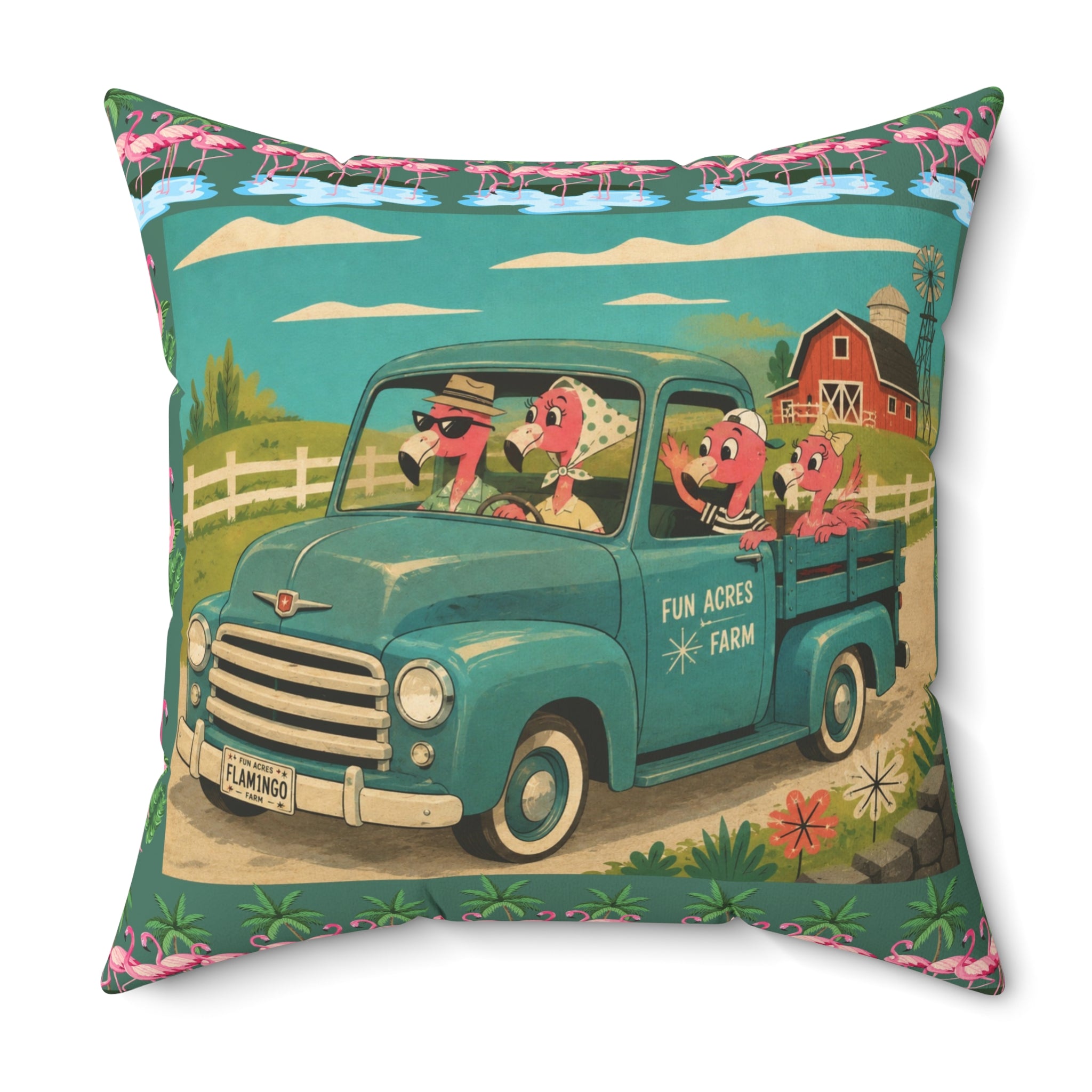 MCM Pink Flamingo Vintage Farm Truck Pillow | Retro Pickup with Farm Animals