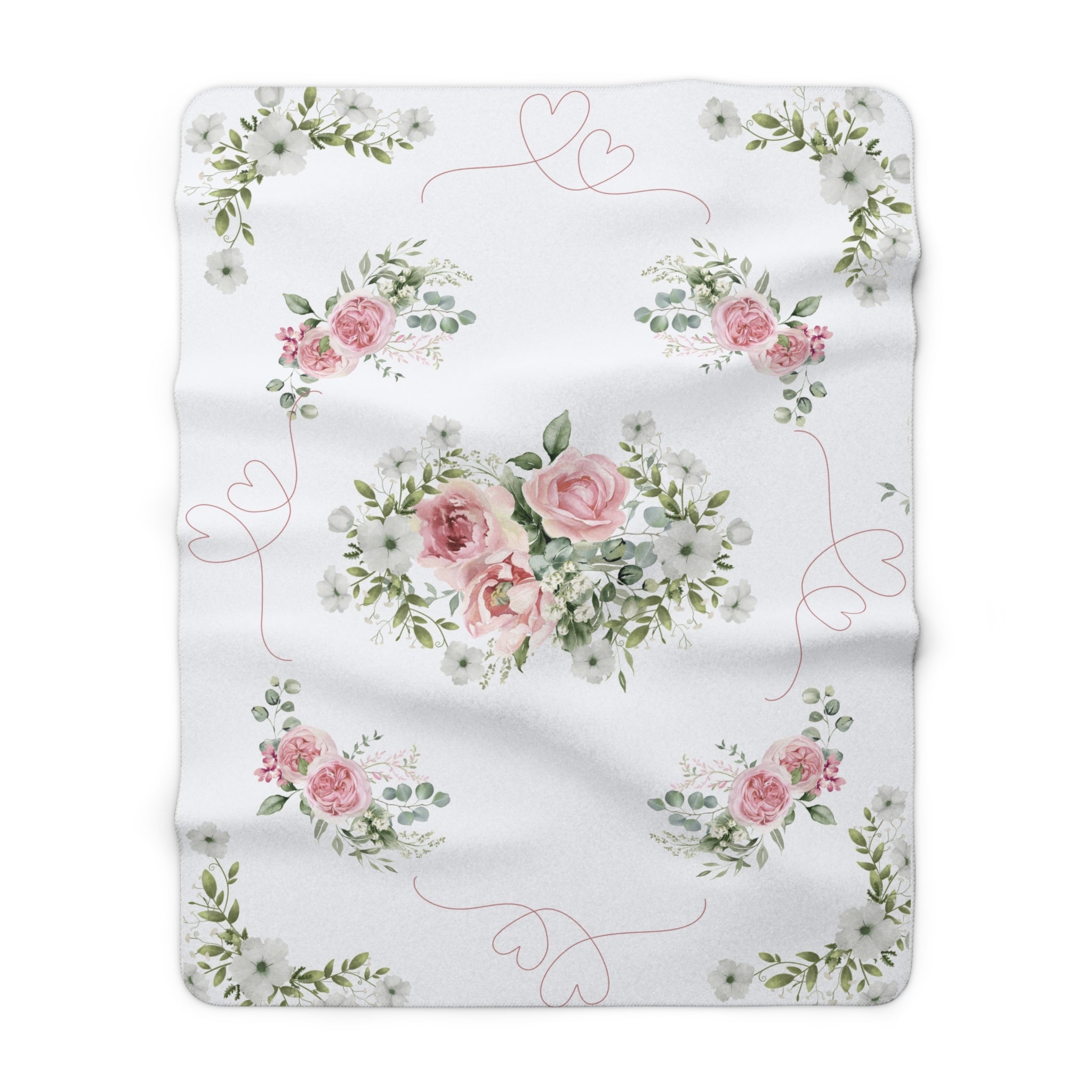 Pink roses and hearts Sherpa Fleece Blanket, Shabby chic style, couch bed throw, Farmhouse decor, cottage blanket