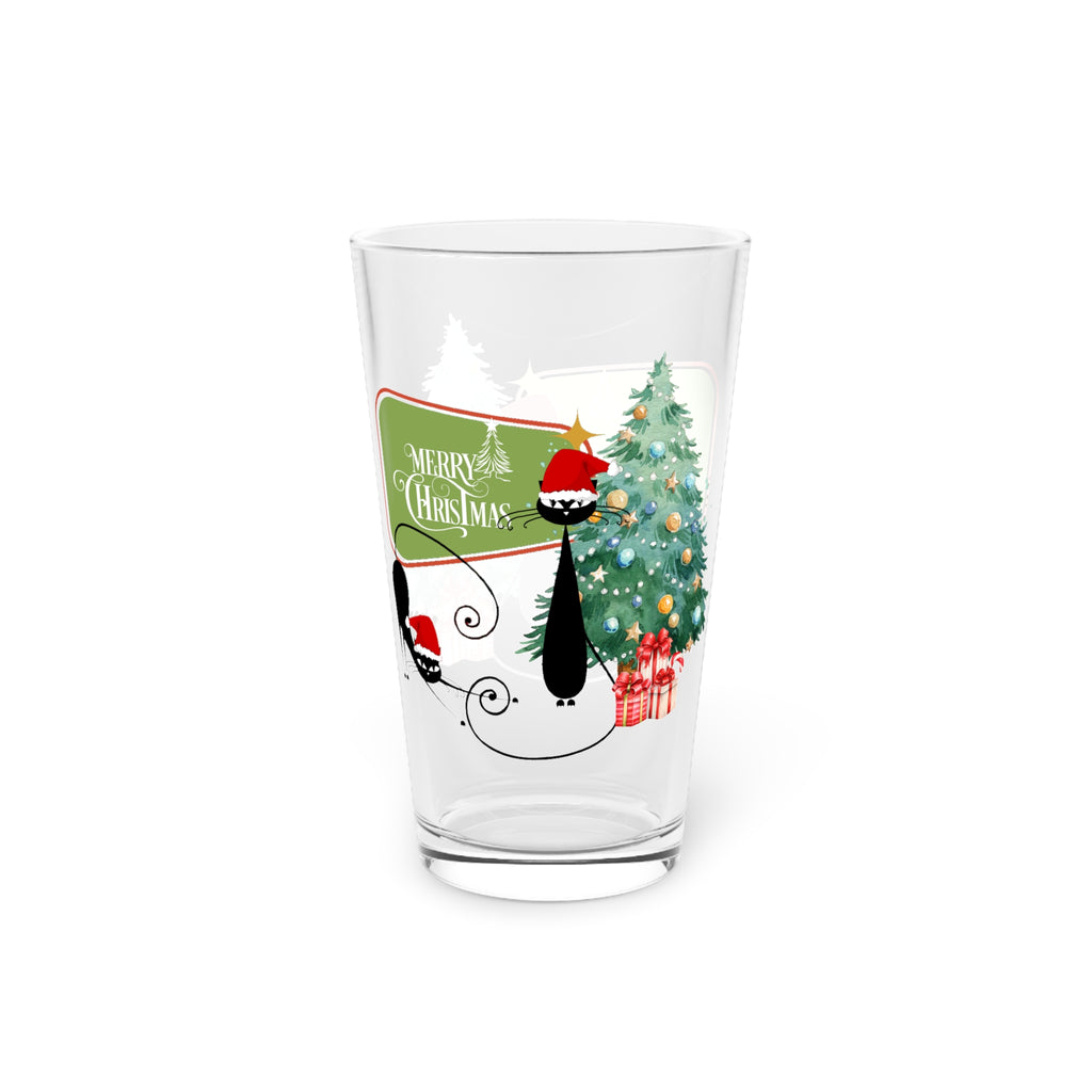 Merry Christmas Atomic cat Pint Glass, 16oz, Xmas party glasses, black cat lover gift, MCM barware, Christmas drinking glass