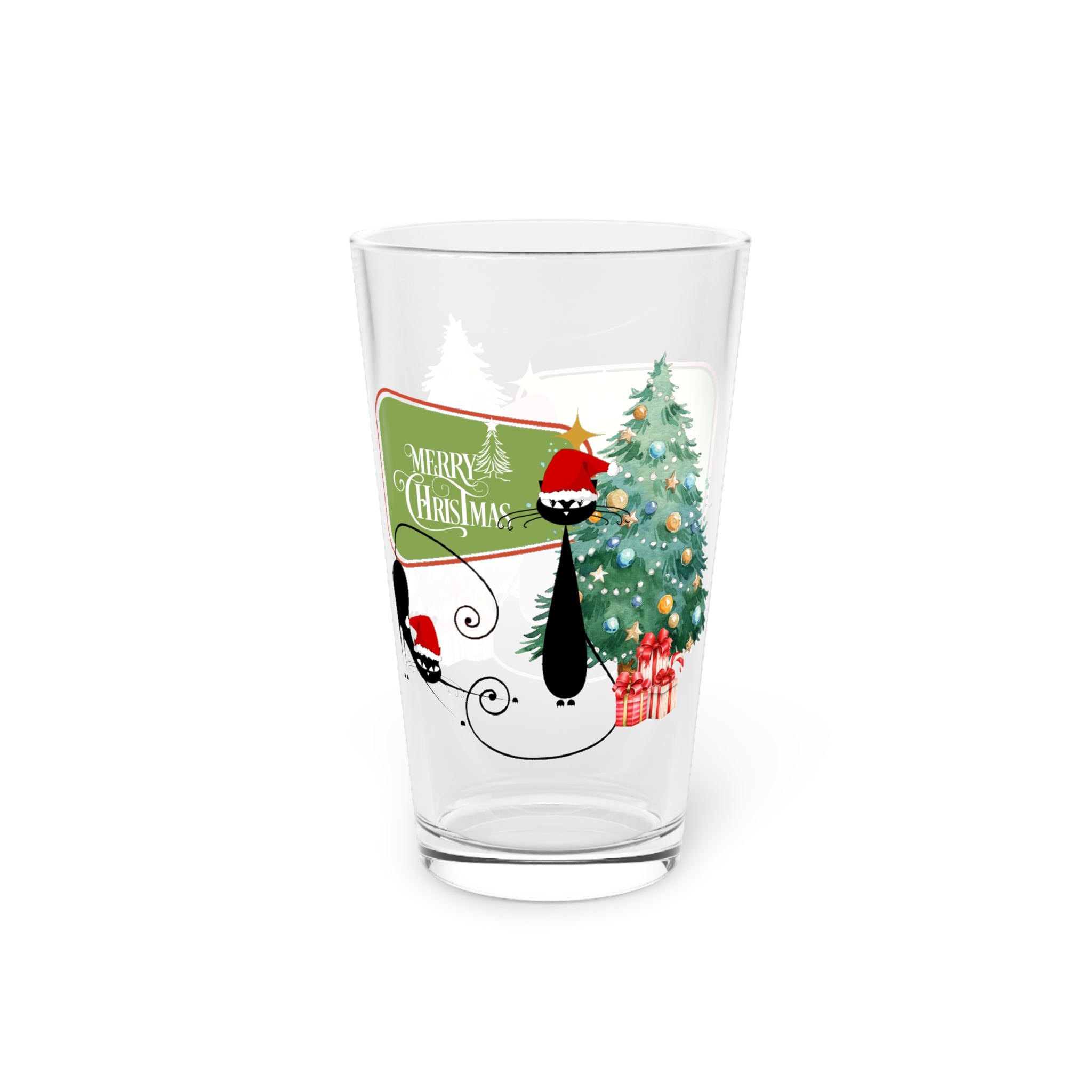 Merry Christmas Atomic cat Pint Glass, 16oz, Xmas party glasses, black cat lover gift, MCM barware, Christmas drinking glass