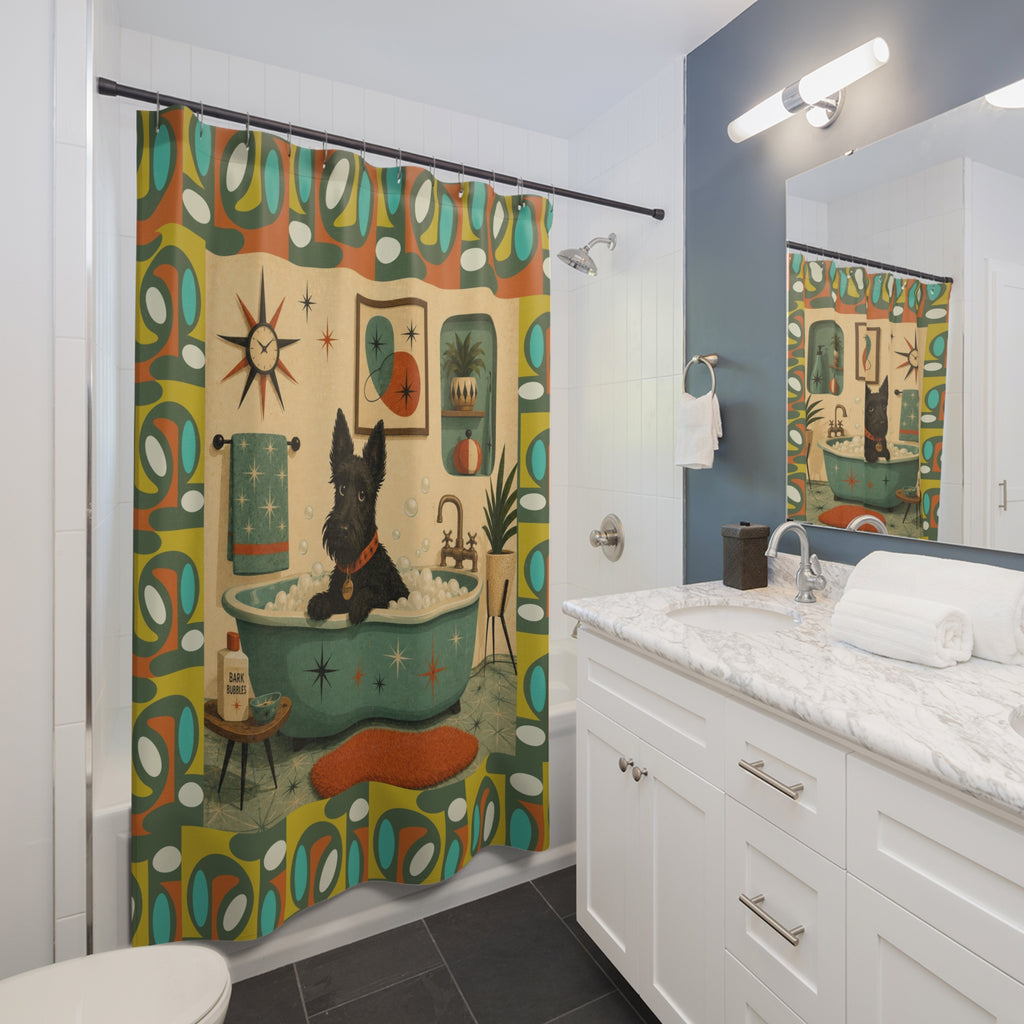 Scottish Terrier Bath Scene Shower Curtain | Mid Century Retro Bathroom
