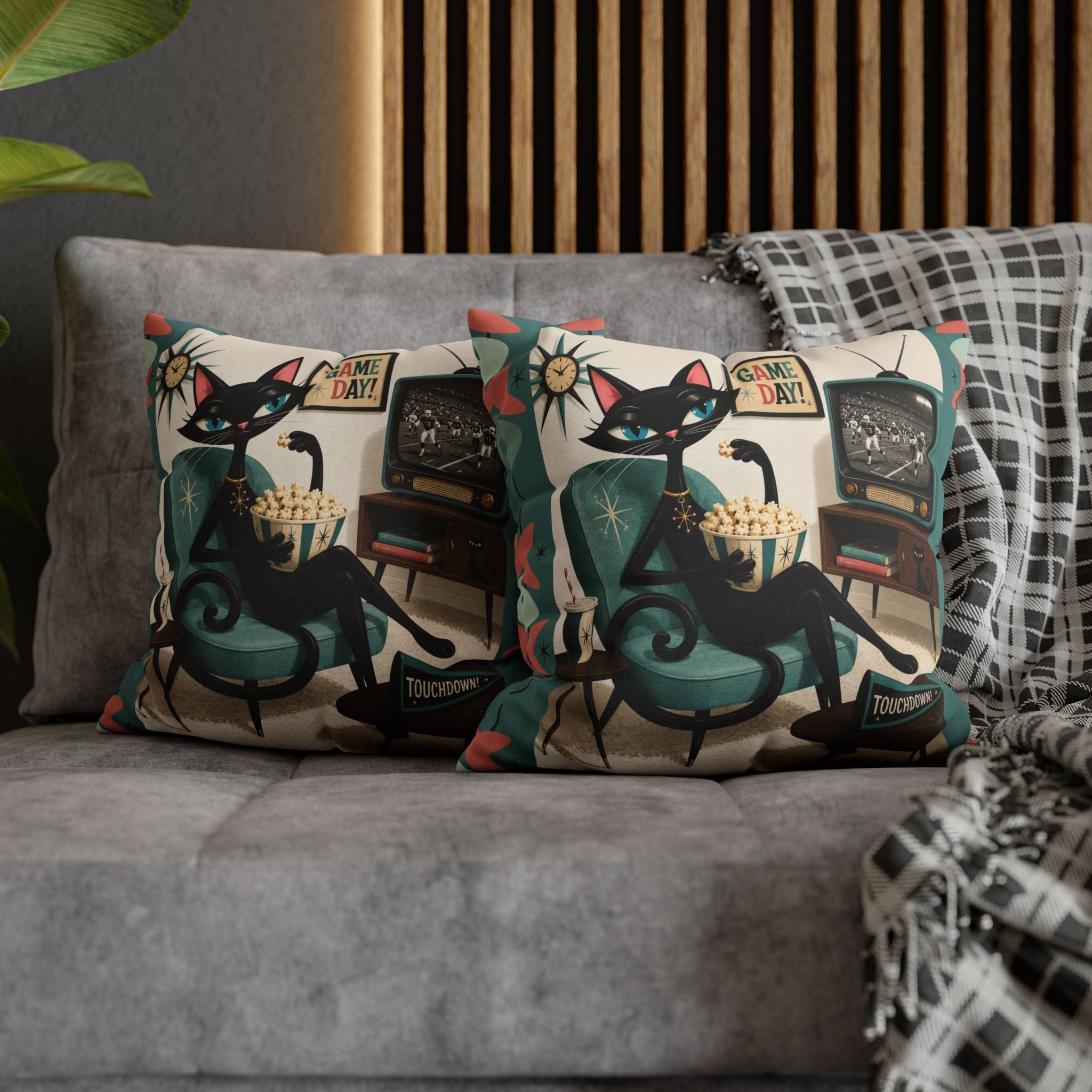 Retro Atomic Black Cat Watching Football Pillowcase | MCM Square Throw Pillowcase - Indoor use