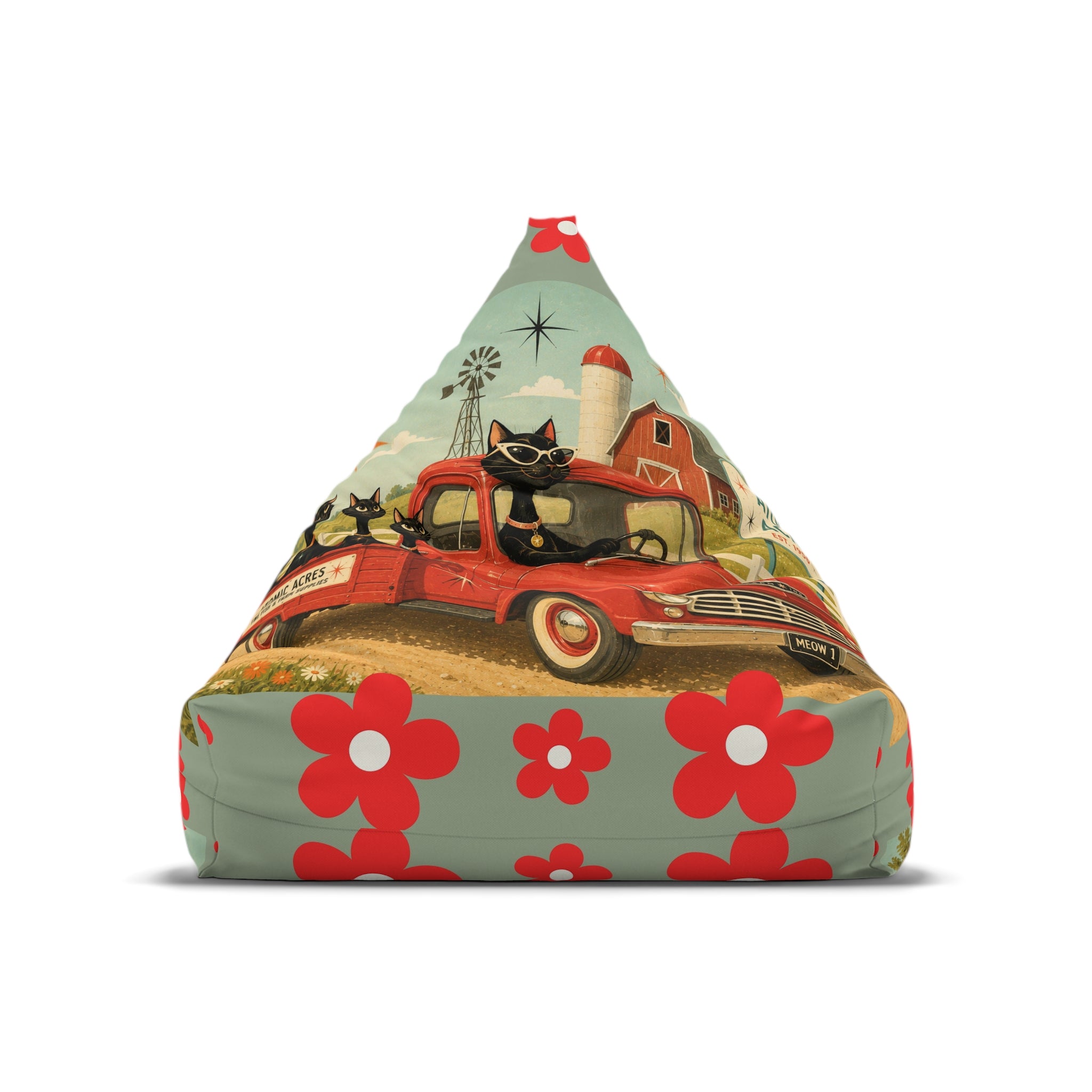 Atomic cat Retro Red Daisy Pattern Bean Bag Chair Cover | Floral Boho Decor