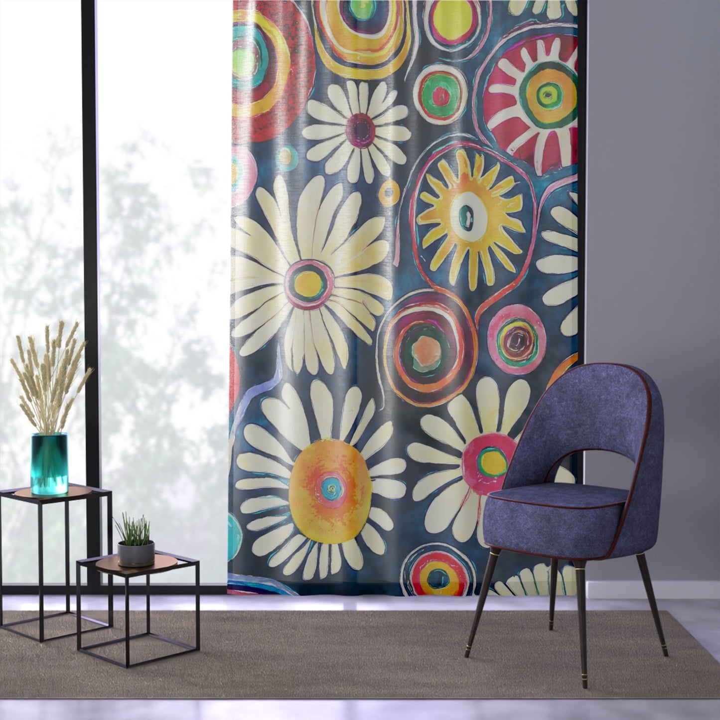 Funky colorful watercolor daisy sheer Window Curtain