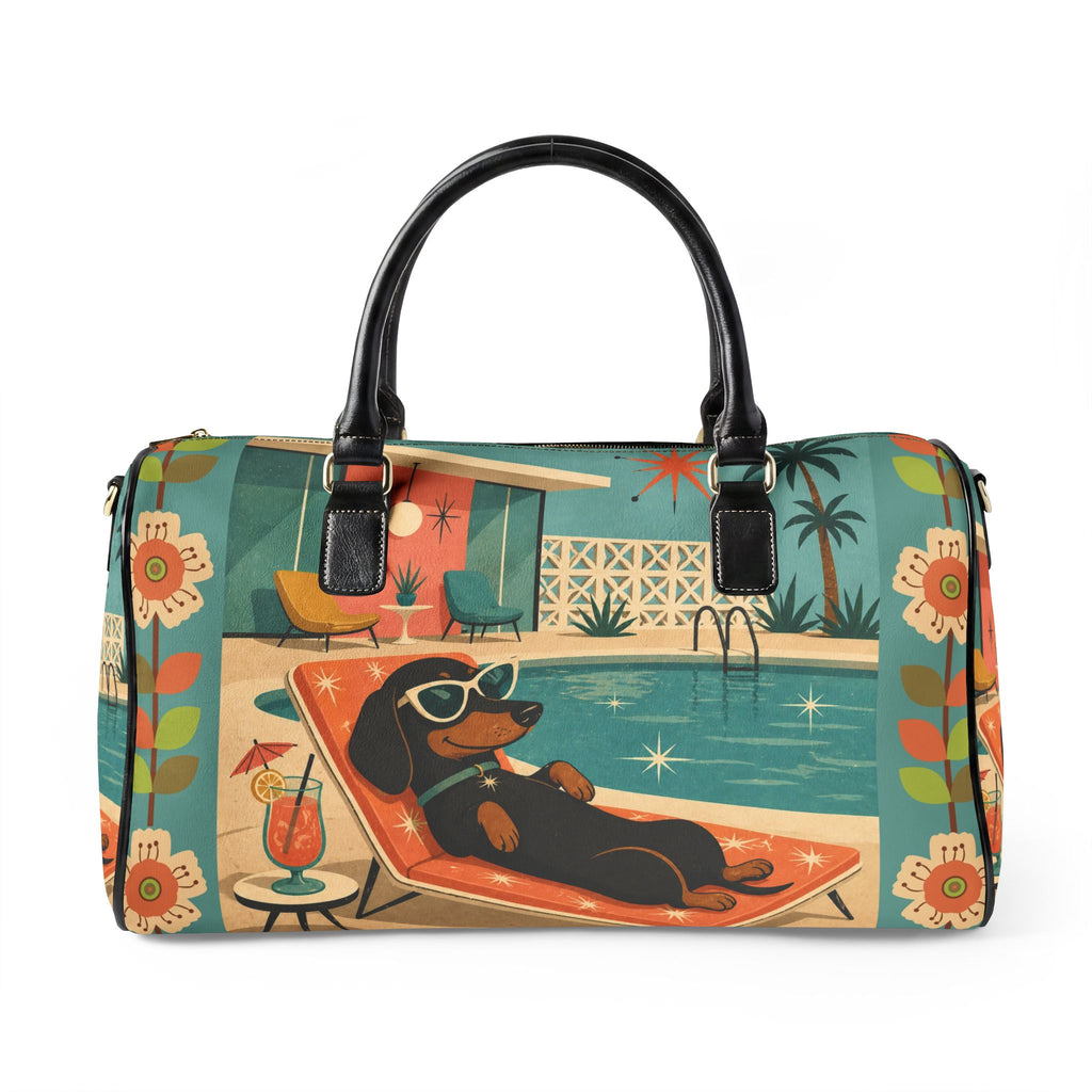 Retro Dachshund Poolside Lounge PU Leather Travel Bag | Vintage Mid Century