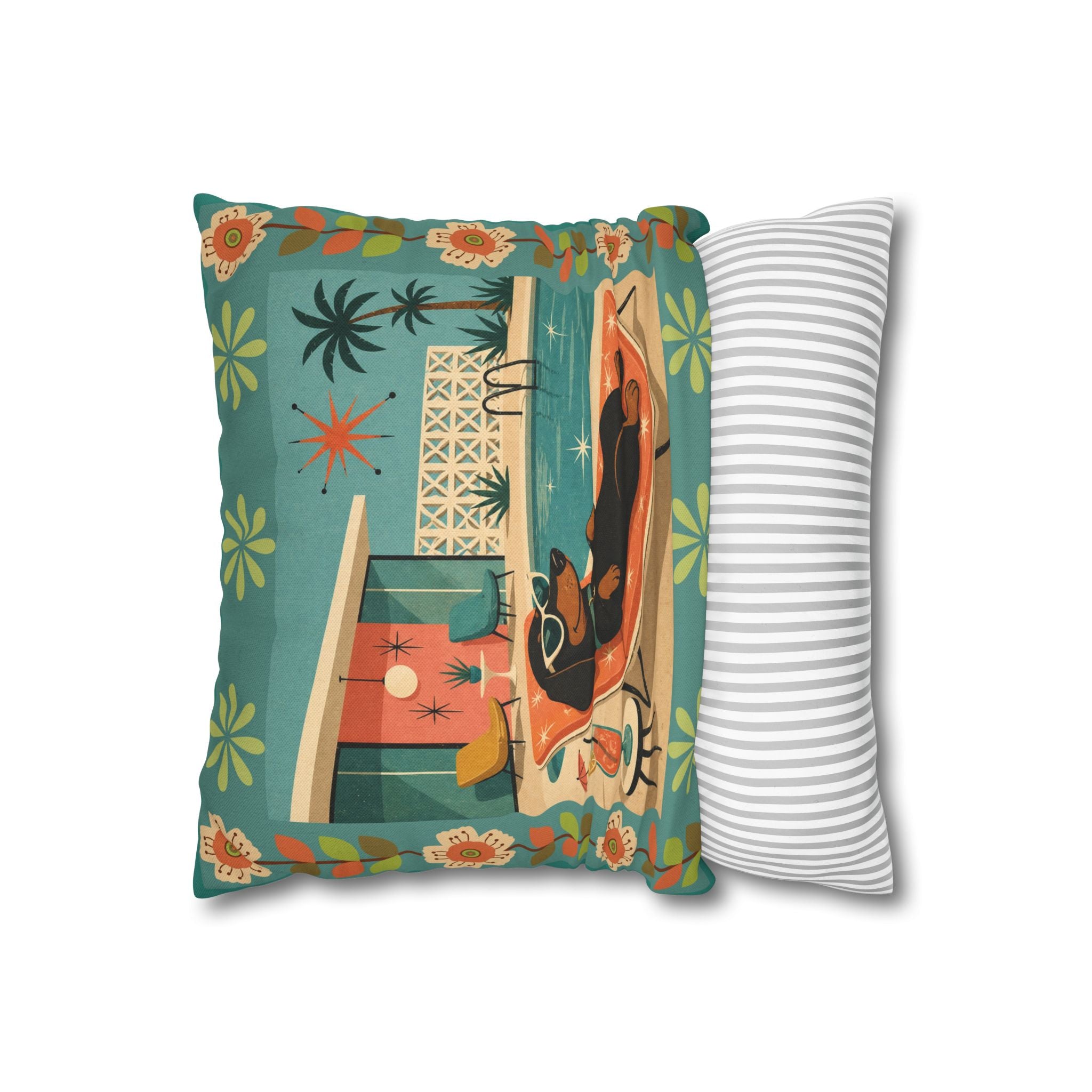 Retro Dachshund Pool Lounge Pillowcase | Square Pillowcase - COVER ONLY - Indoor Use