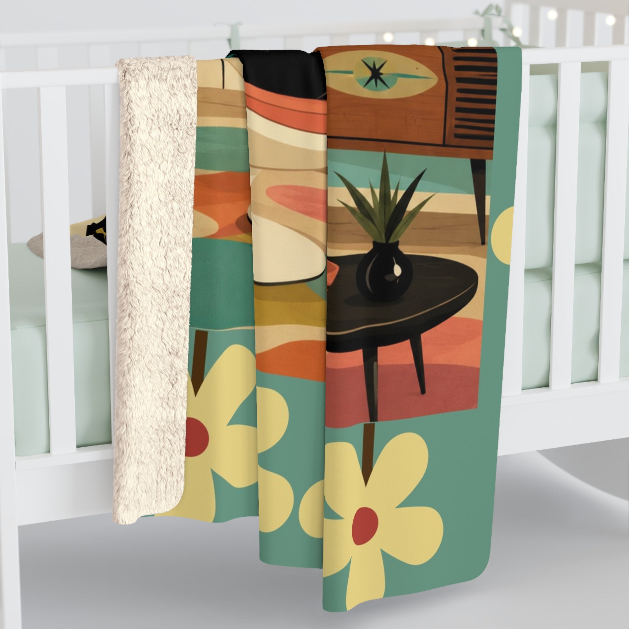 Mid-Century Retro Atomic Cat in Egg chair Lounge Sherpa Fleece Blanket | Vintage Mod Cat