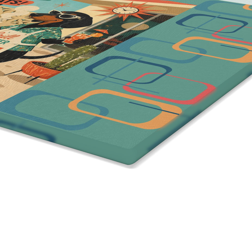 Retro Dachshund BBQ Glass Cutting Board | Mid Century Grill Dog Kitchen Decor