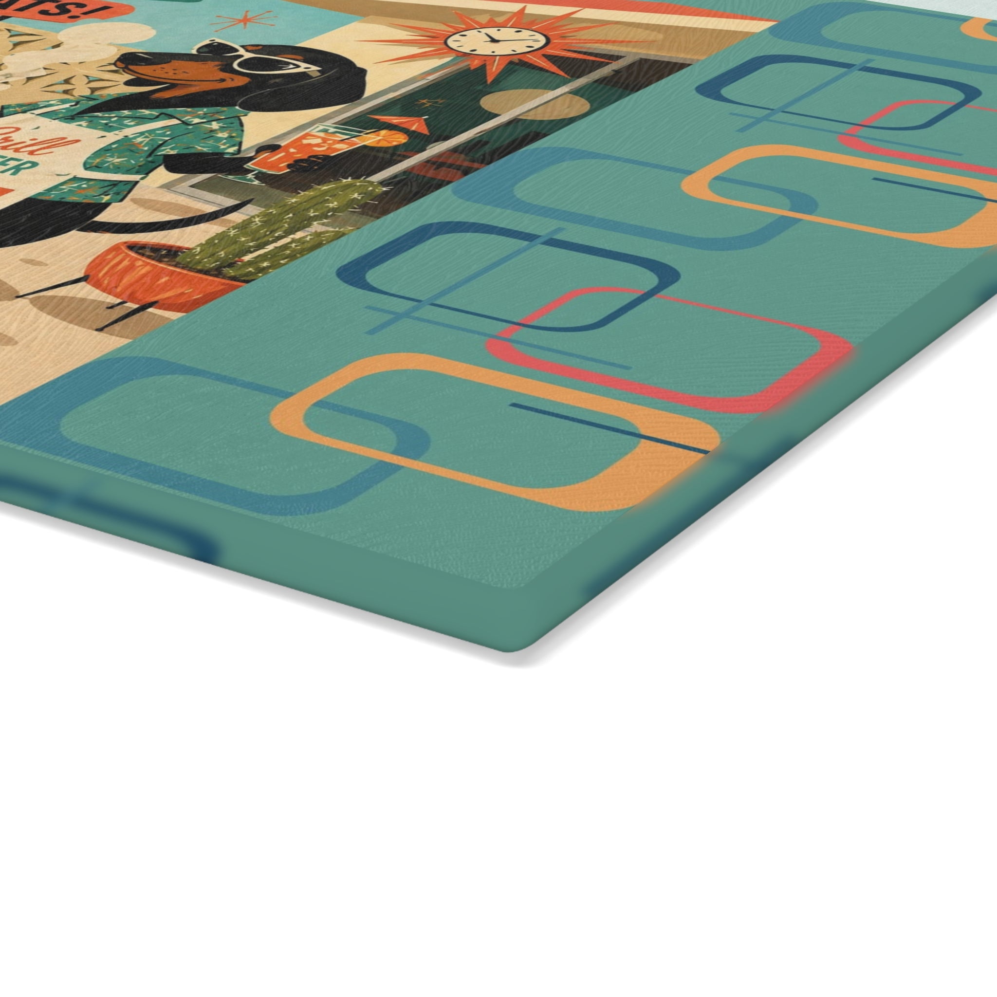 Retro Dachshund BBQ Glass Cutting Board | Mid Century Grill Dog Kitchen Decor
