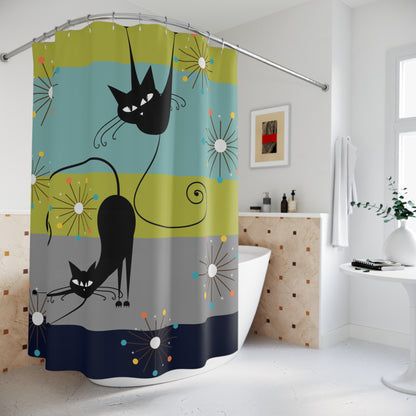 MCM Starburst atomic cat art Shower Curtain, vintage inspired, retro bathroom decor