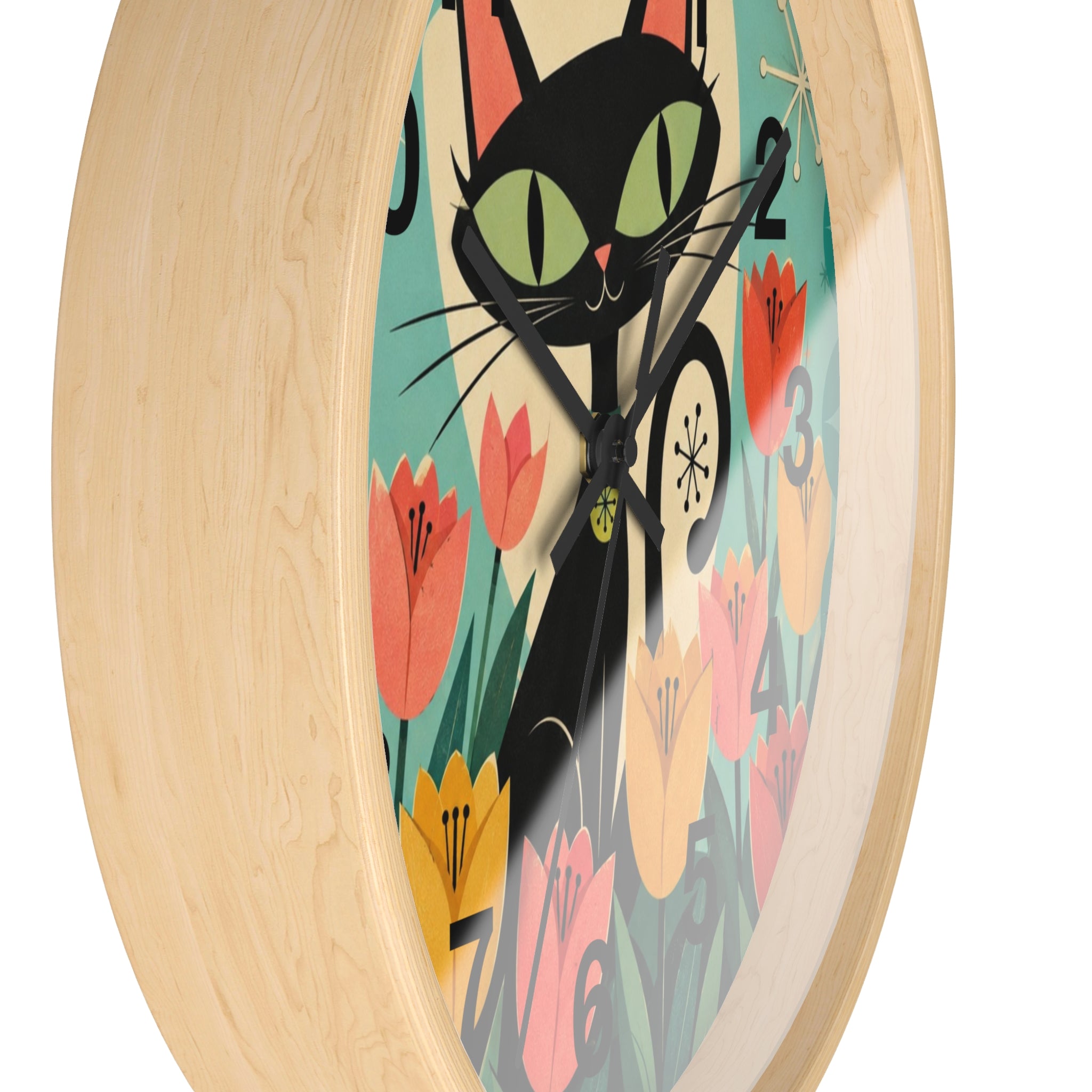 Atomic Black Cat in Tulips Wall Clock | Retro Cat Illustration, Spring Floral