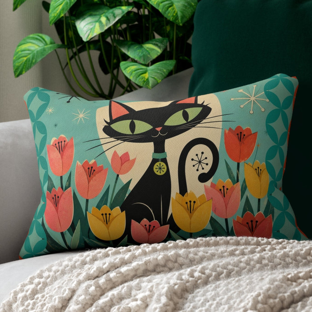 Retro Atomic Black Cat Tulips lumbar pillow | Mid Century Modern cat throw pillow