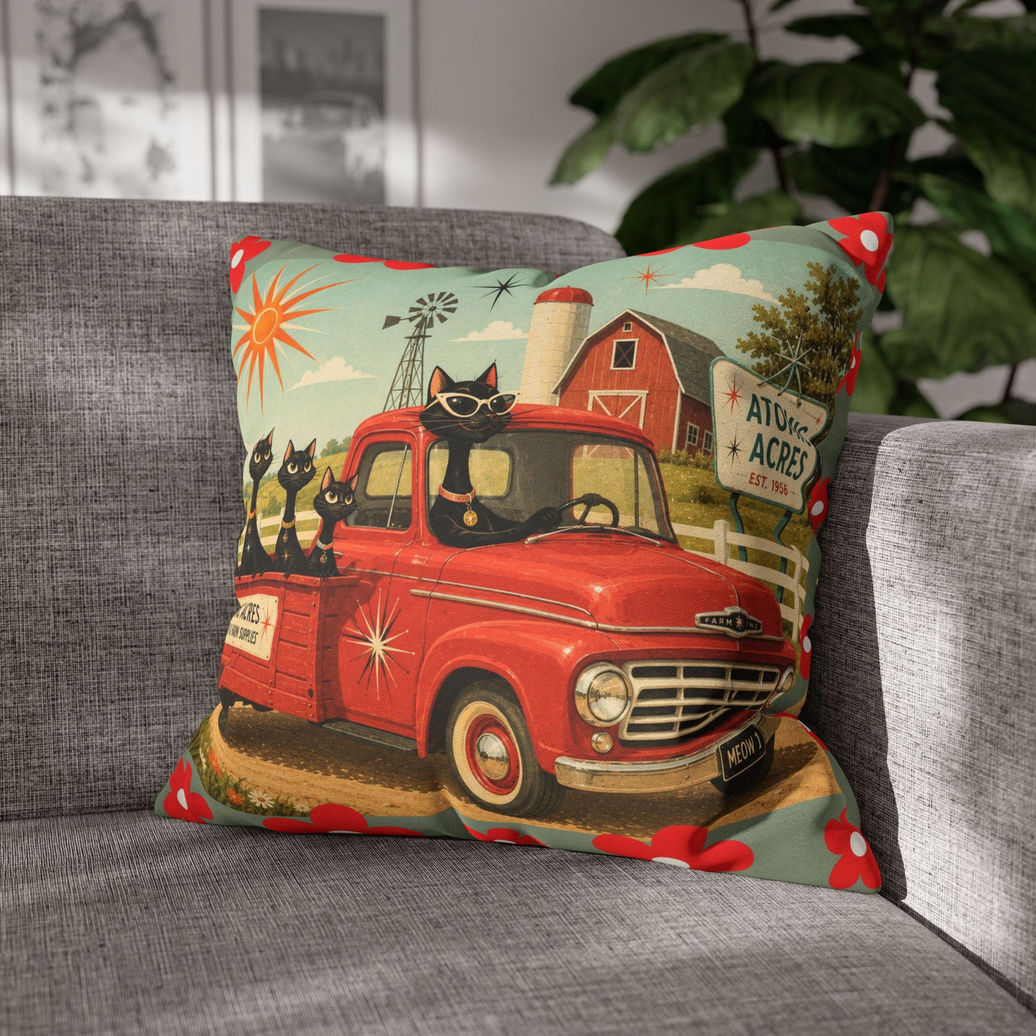 Retro Red Truck with Atomic Black Cats and kittens Pillowcase | MCM Square Pillowcase - COVER ONLY