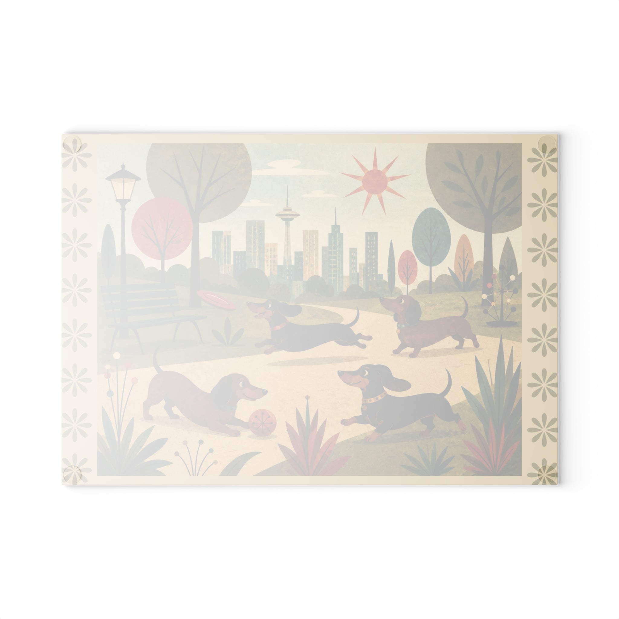 MCM Dachshund Park Scene Glass Cutting Board | Sausage Dog Illustration