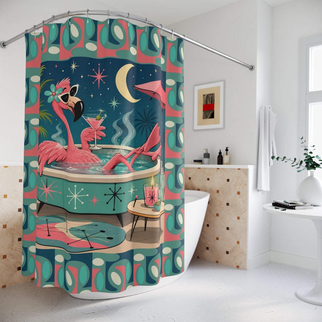 Retro Flamingo MCM Cocktail Shower Curtain | Mid Century Tiki Bathroom