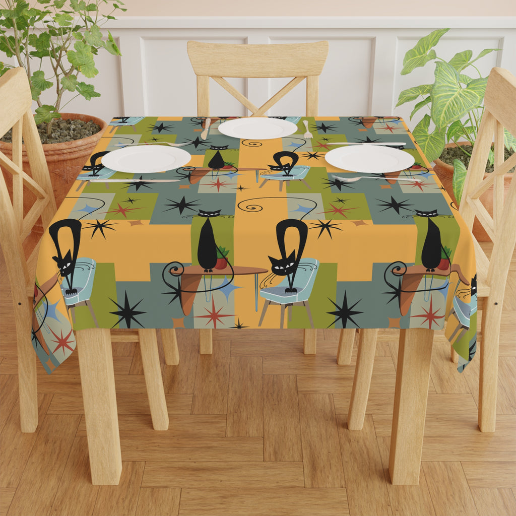 Retro Mid-Century Cat Tablecloth — Atomic Starburst Pattern