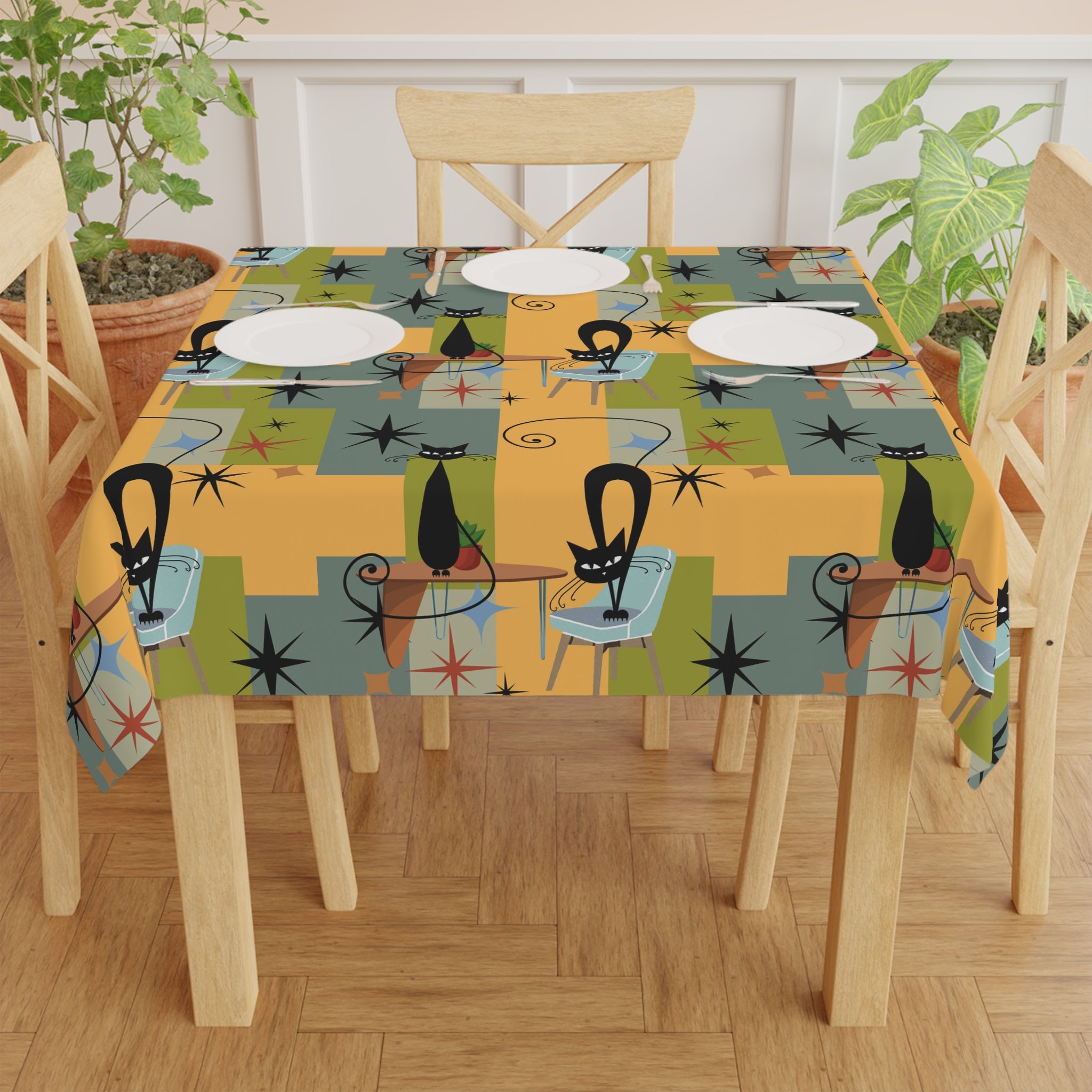 Retro Mid-Century Cat Tablecloth — Atomic Starburst Pattern