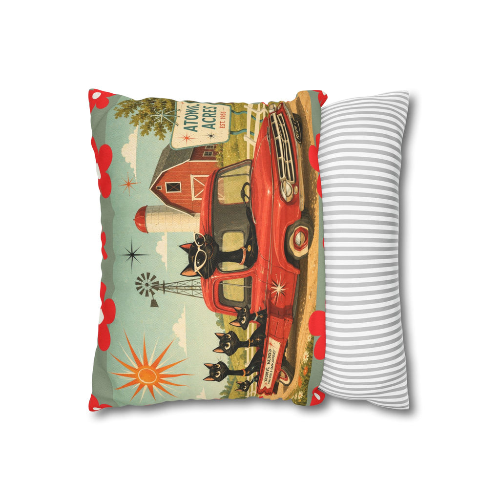 Retro Red Truck with Atomic Black Cats and kittens Pillowcase | MCM Square Pillowcase - COVER ONLY