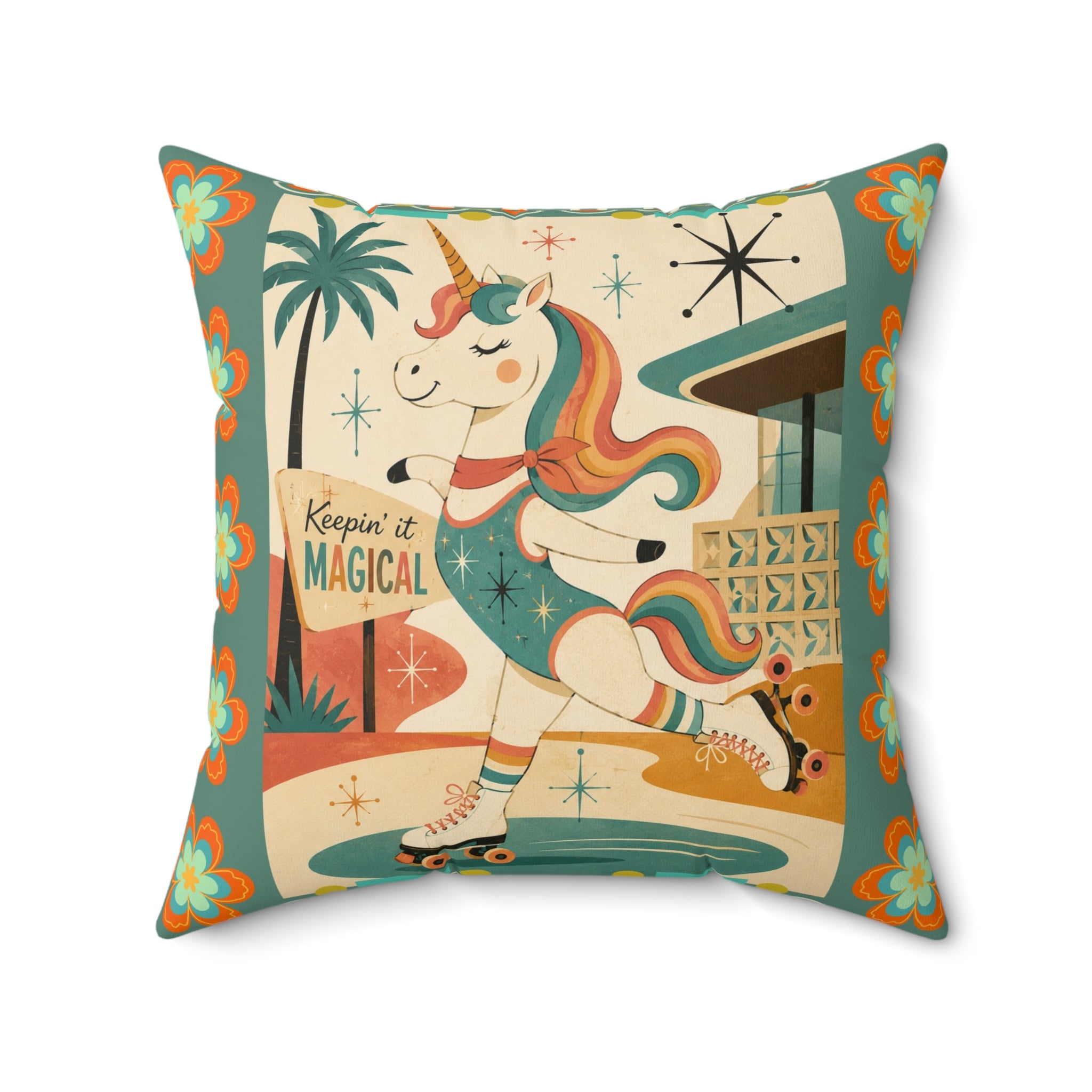 Retro Roller Skating Unicorn pillow | Square Polyester Throw Pillow, Vintage Rainbow Unicorn