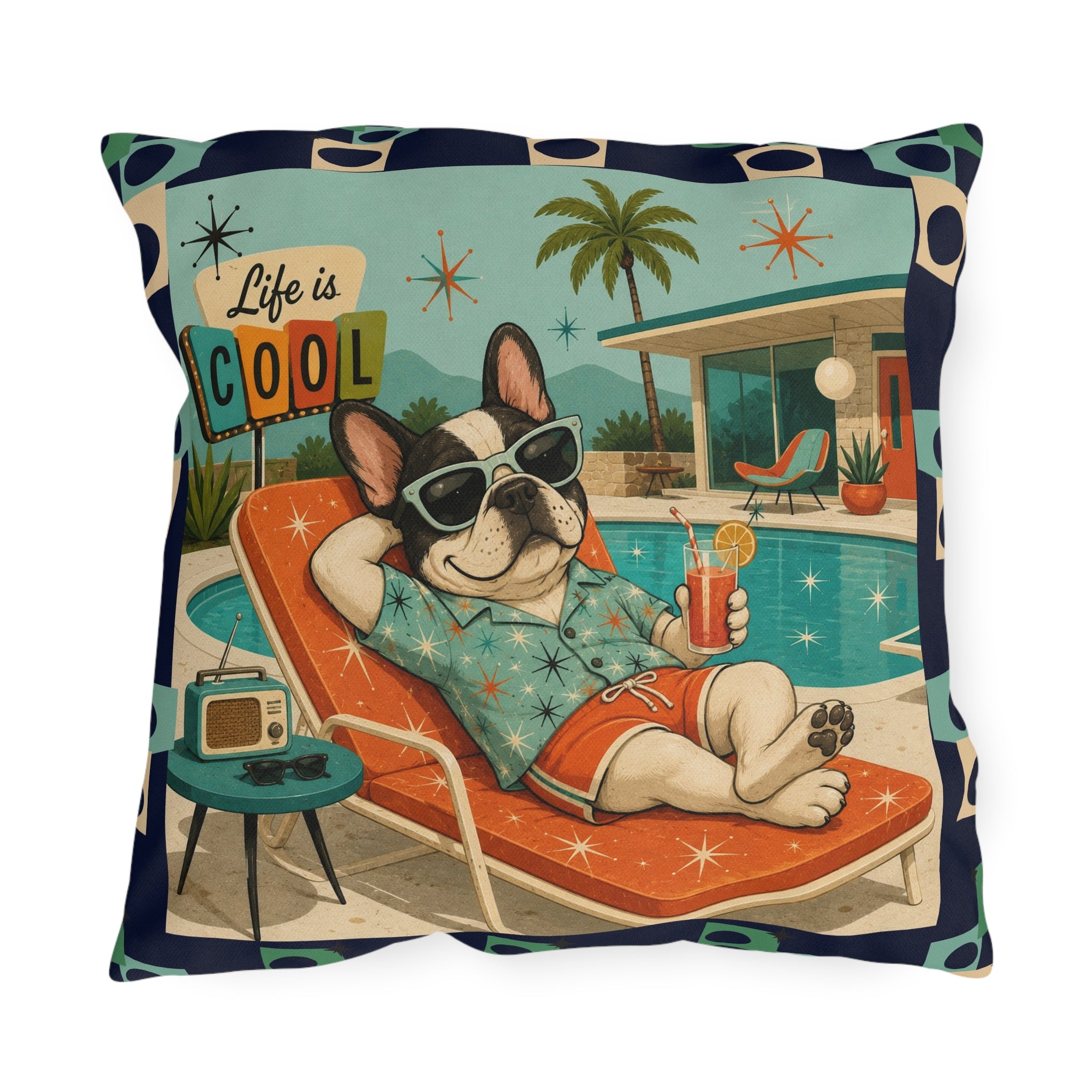 Retro French Bulldog Poolside Lounge Outdoor Pillow | Mid Century Cool
