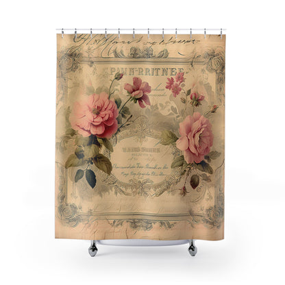 Pink roses Old script certificate shabby chic Shower Curtain, French vintage inspired, floral bathroom, rustic shower curtain