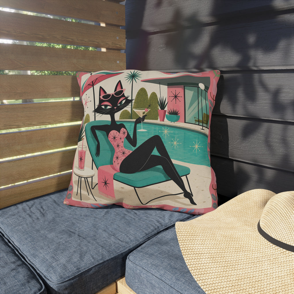 Retro Poolside Cat Outdoor Pillow | Mid Century Modern Cocktail