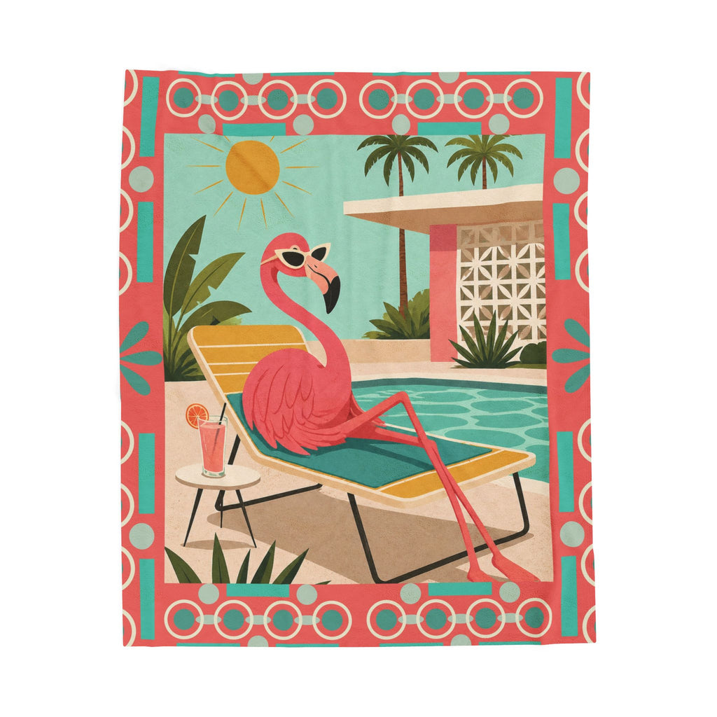 Retro Flamingo Poolside Velveteen Plush Blanket | Mid Century Tropical Design