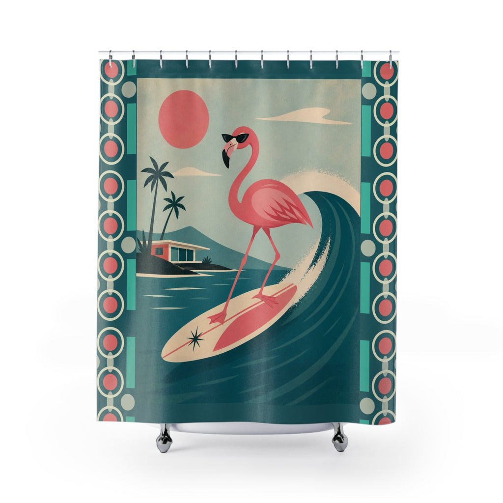 Retro Flamingo Surfing Shower Curtain | Mid Mod Tropical Beach Vibe