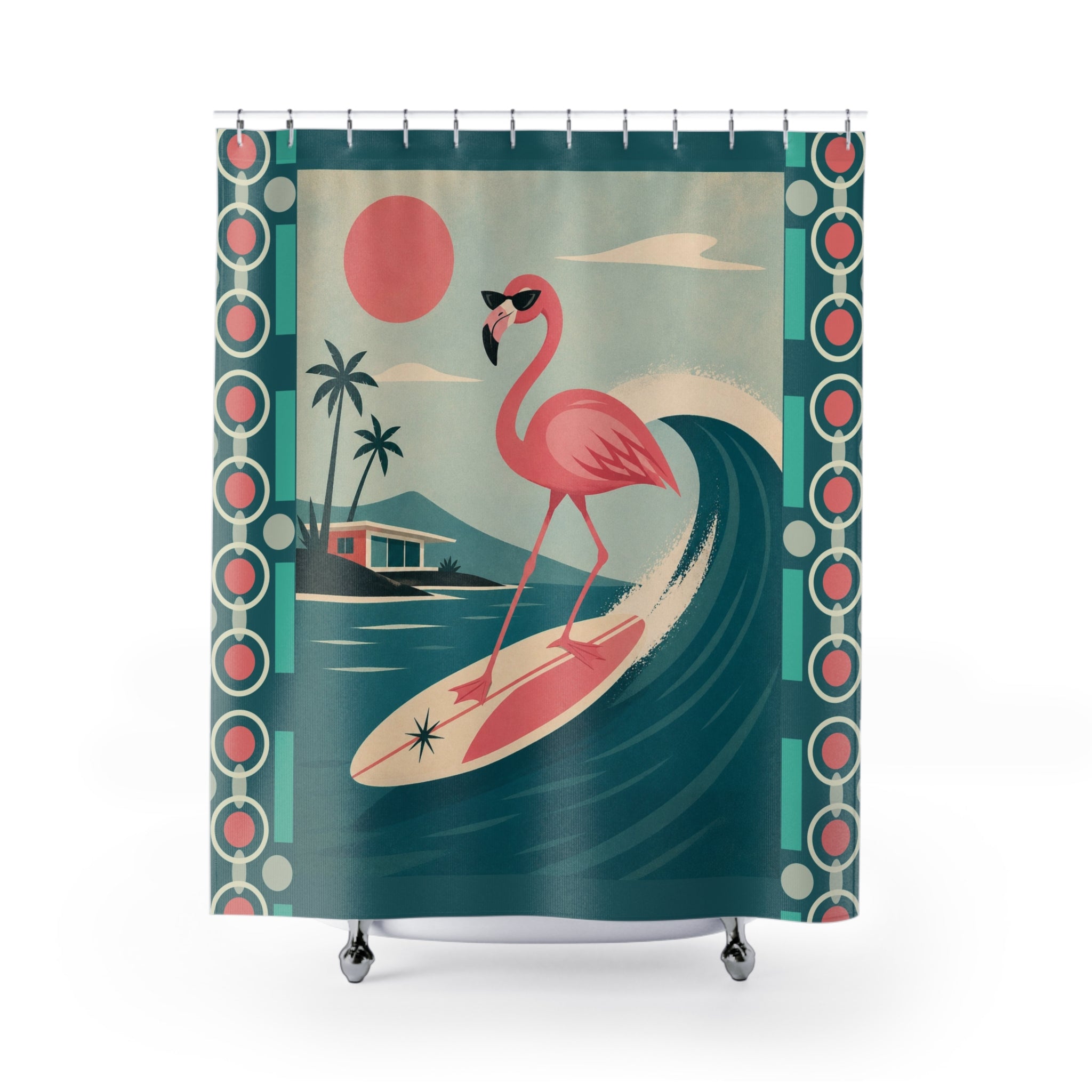 Retro Flamingo Surfing Shower Curtain | Mid Mod Tropical Beach Vibe