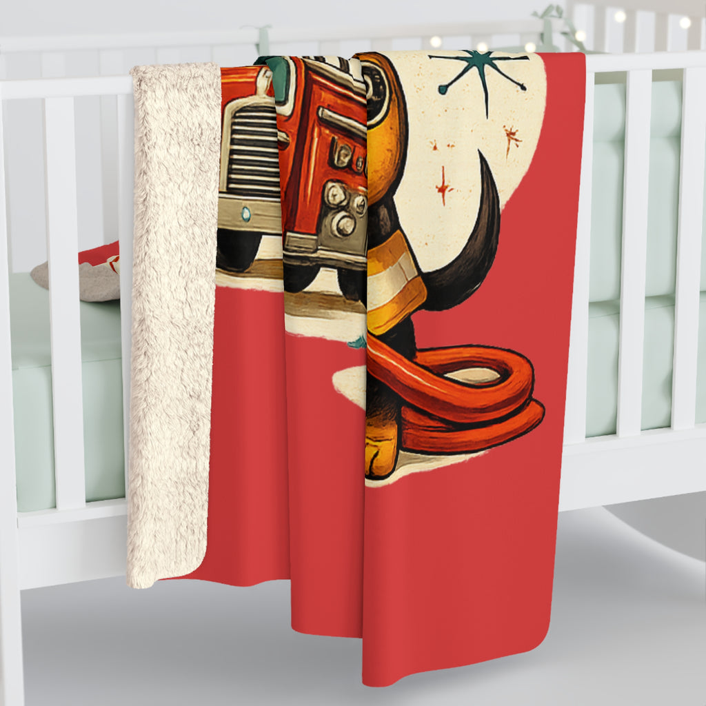 MCM Dachshund Firefighter Illustration Sherpa Blanket | Firehouse Dog Throw