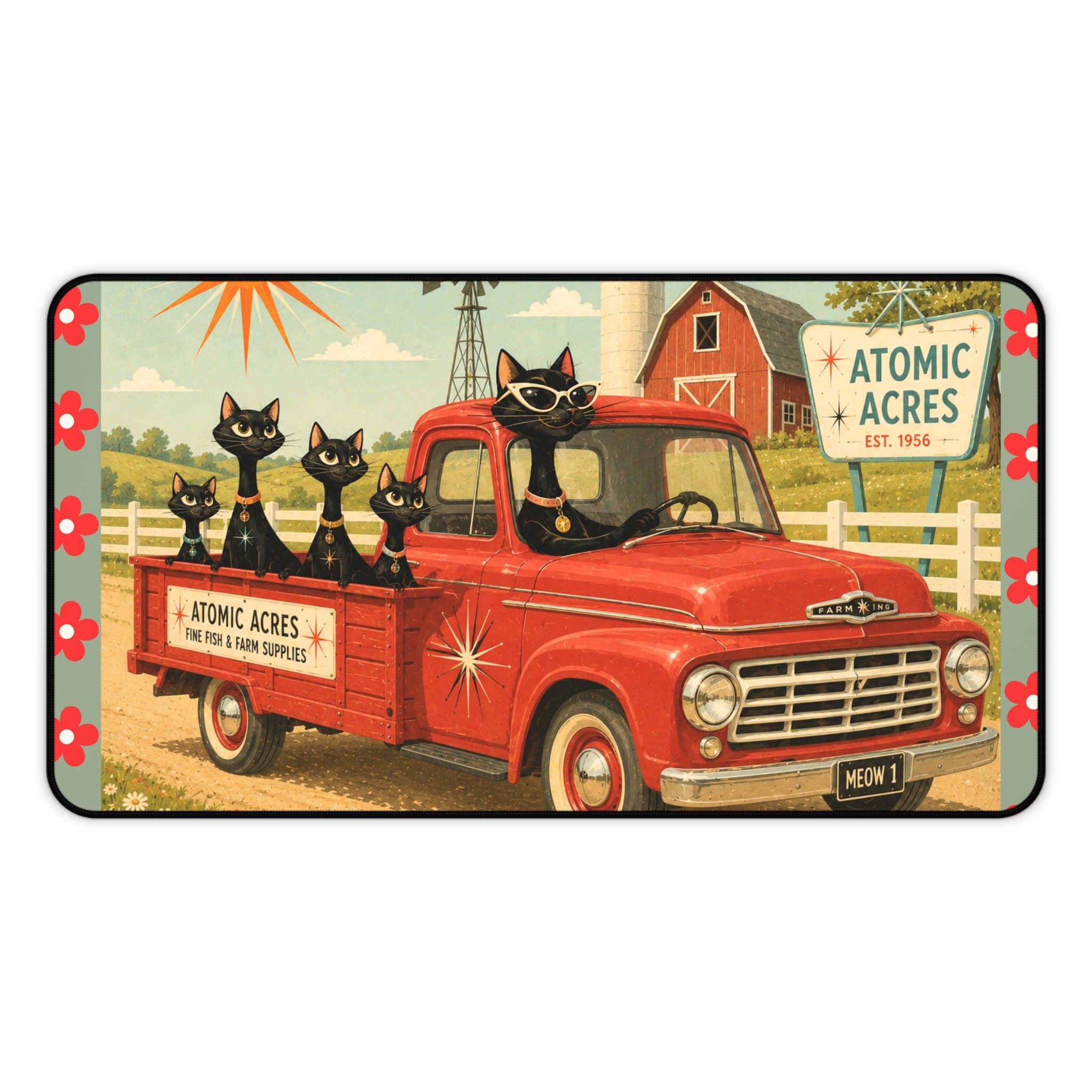 Retro Red Truck with Atomic Black Cats Desk Mat | Atomic Acres Farm Mousepad