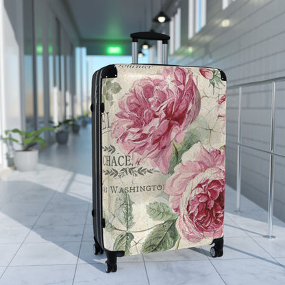 Vintage rose shabby chic style Suitcase on wheels, travel holiday luggage, carry on bag, lockable hard shell case