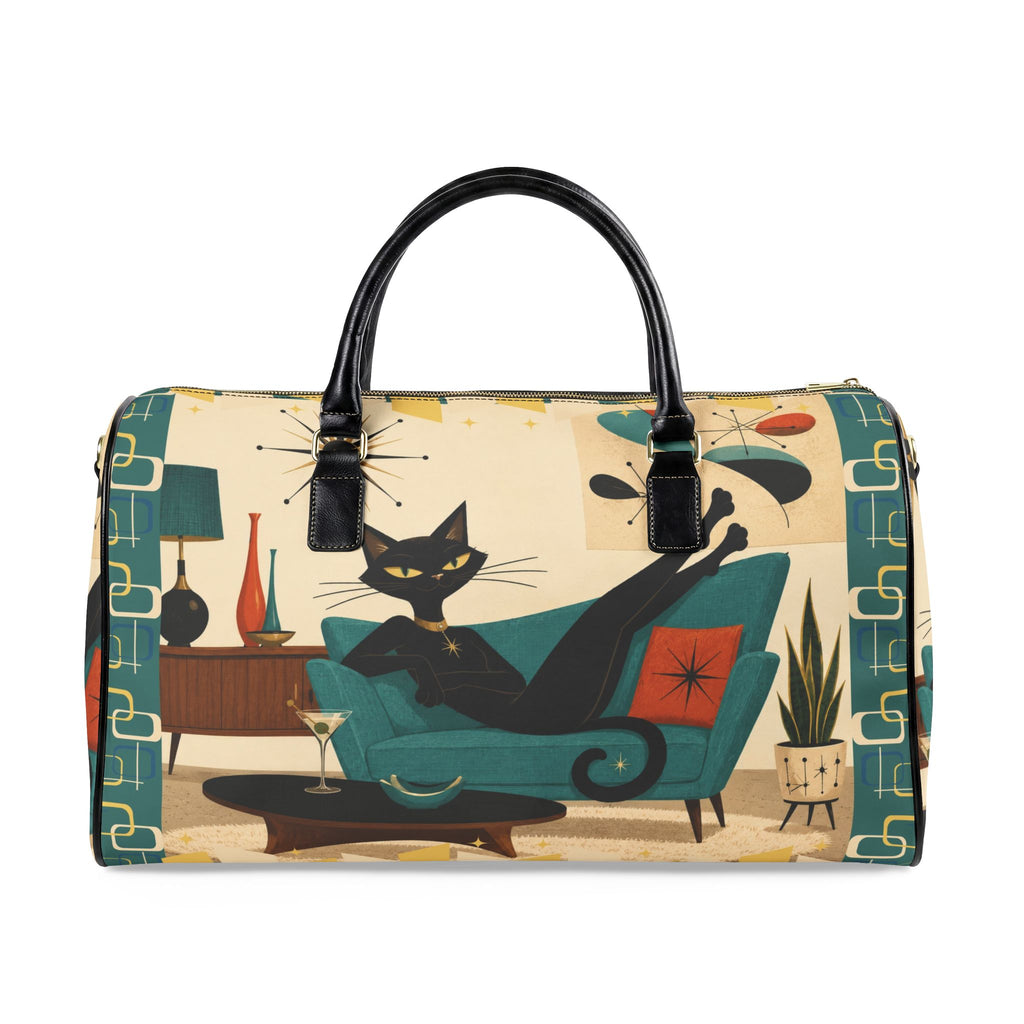 Retro Lounge Atomic Cat Faux Leather Travel Bag | Mid Century Modern Cat Design