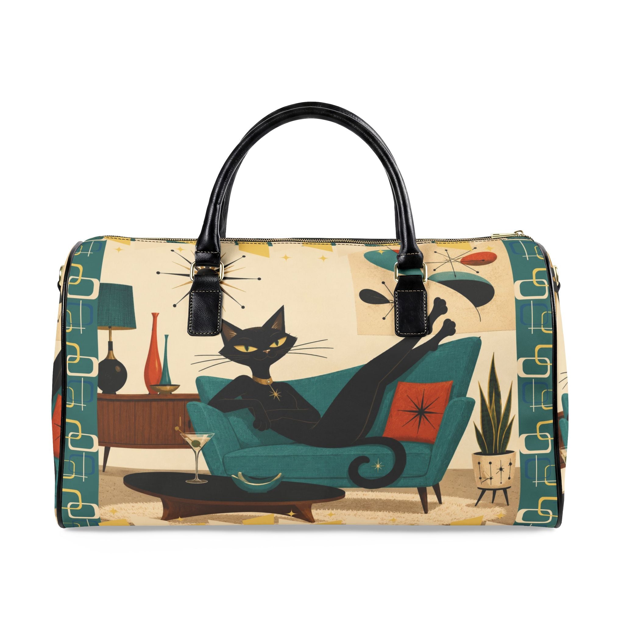 Retro Lounge Atomic Cat Faux Leather Travel Bag | Mid Century Modern Cat Design