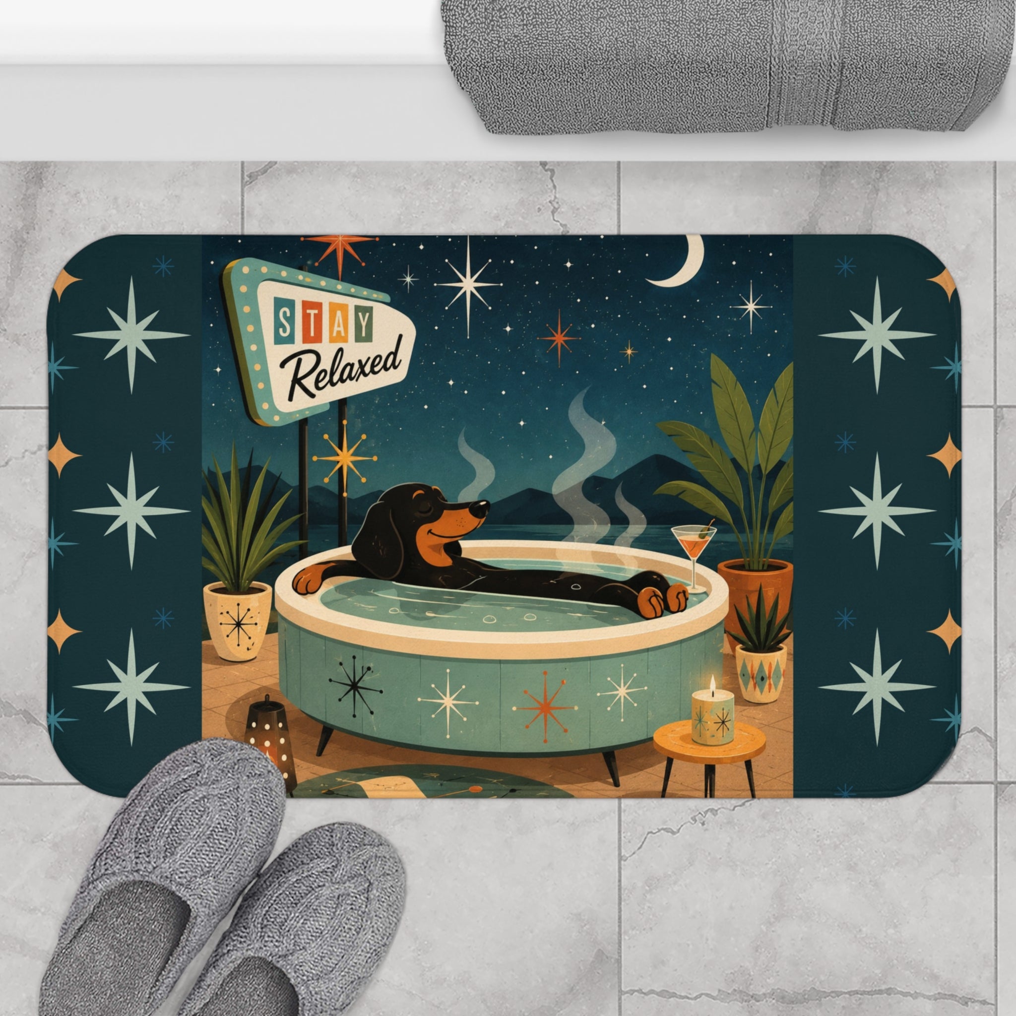 MCM Relaxed Dachshund in Bathtub Bath Mat | Retro Night Stars Spa