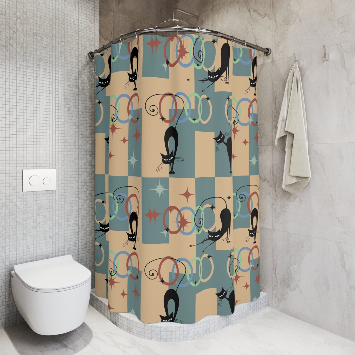 Atomic cat retro circles Shower Curtain, Mid Century Modern, bathtub, stall, black cat shower curtain