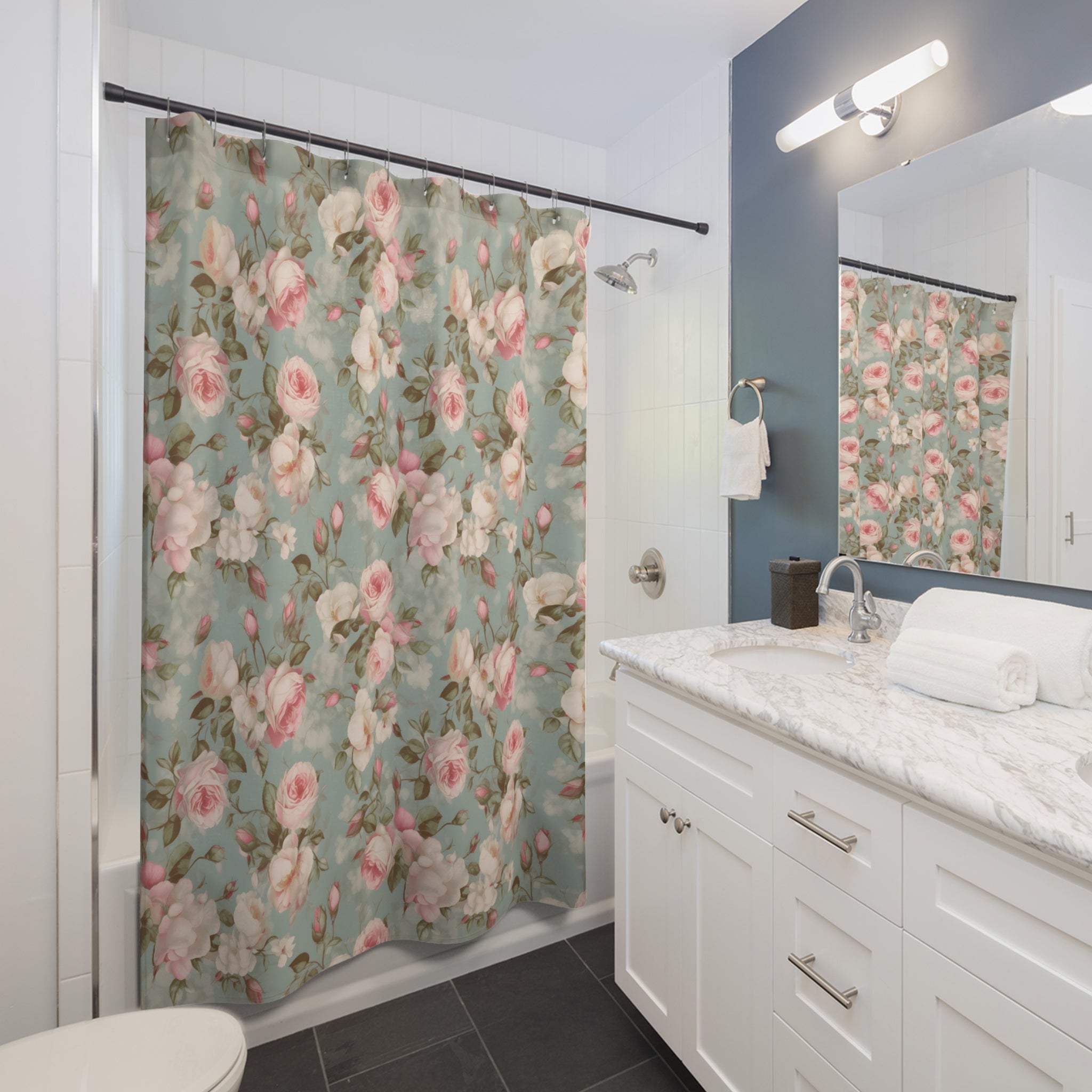 Dusky pink roses and grey shabby chic shower curtain, vintage bath decor, cottage garden, cute floral shower curtains, flower curtains
