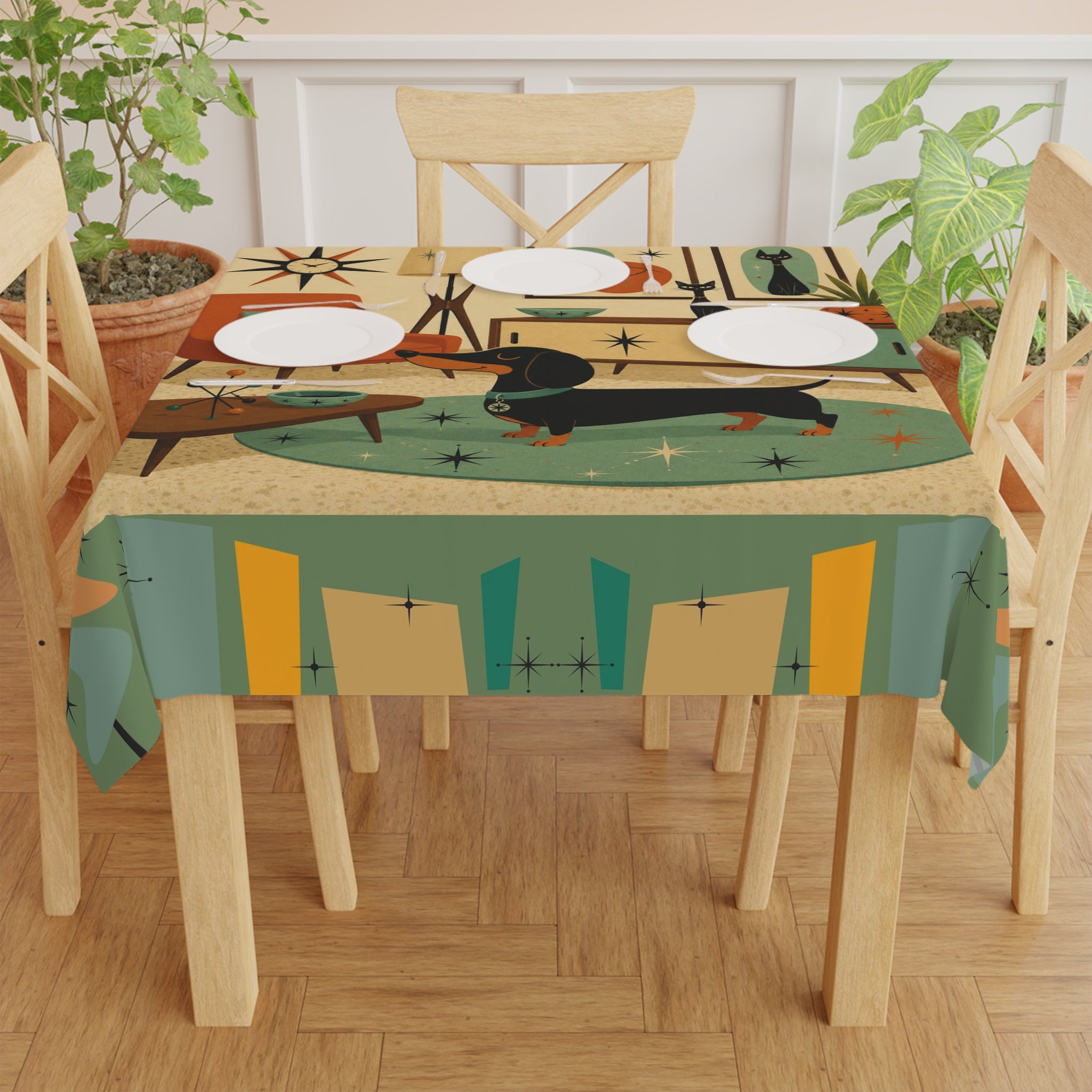 Mid Century Dachshund Living Room Tablecloth | Retro Atomic tableware