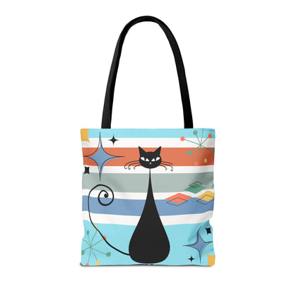 Atomic cat retro tote bag, black cat lover, mid century modern tote carry bag